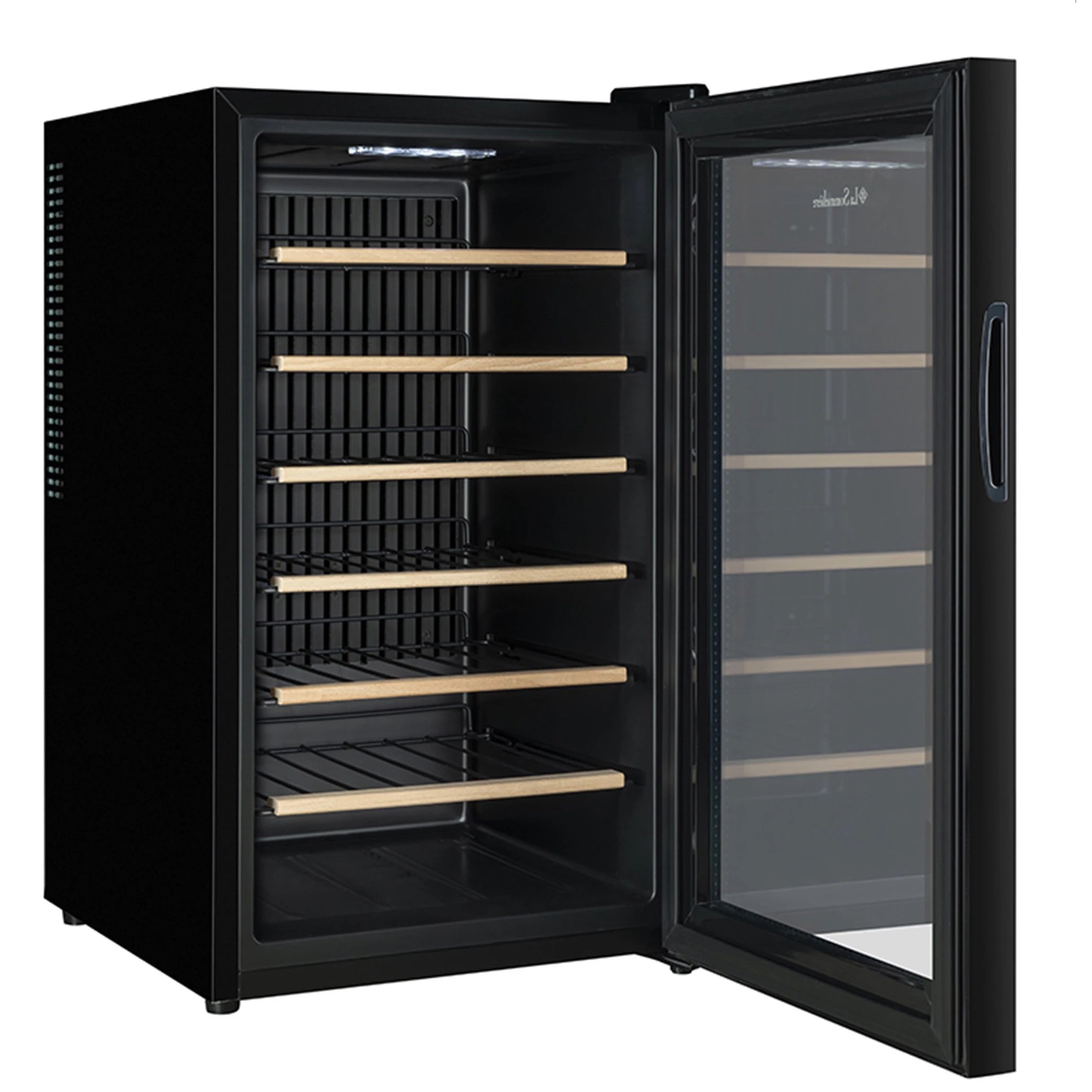 Vinoteca La Sommelière 28SILENCE vacía con la puerta de vidrio abierta, mostrando seis estantes de madera y luz LED interior encendida.