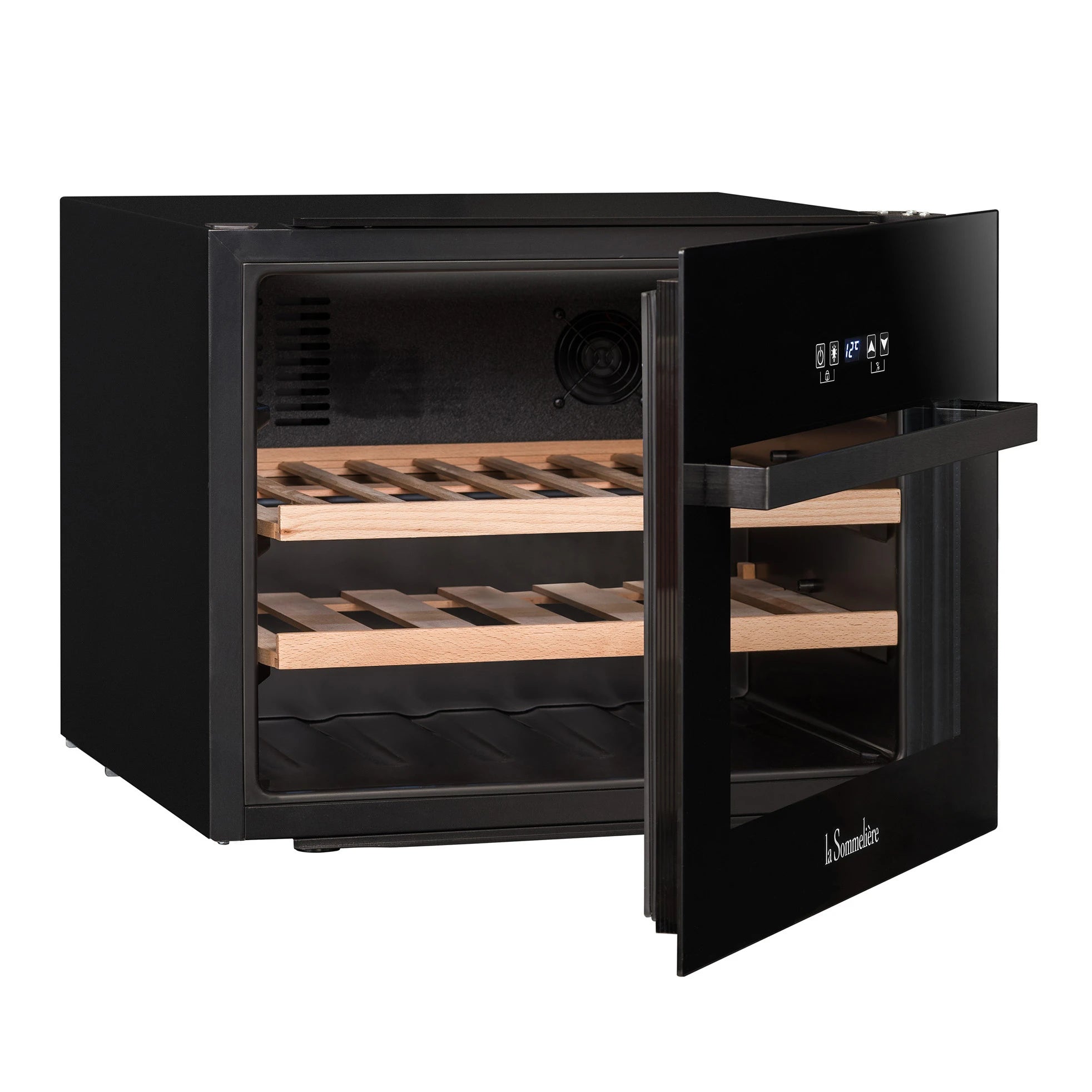 Vista de la Vinoteca 28 botellas La Sommelière LSBI28B con estantes de madera llenos de botellas