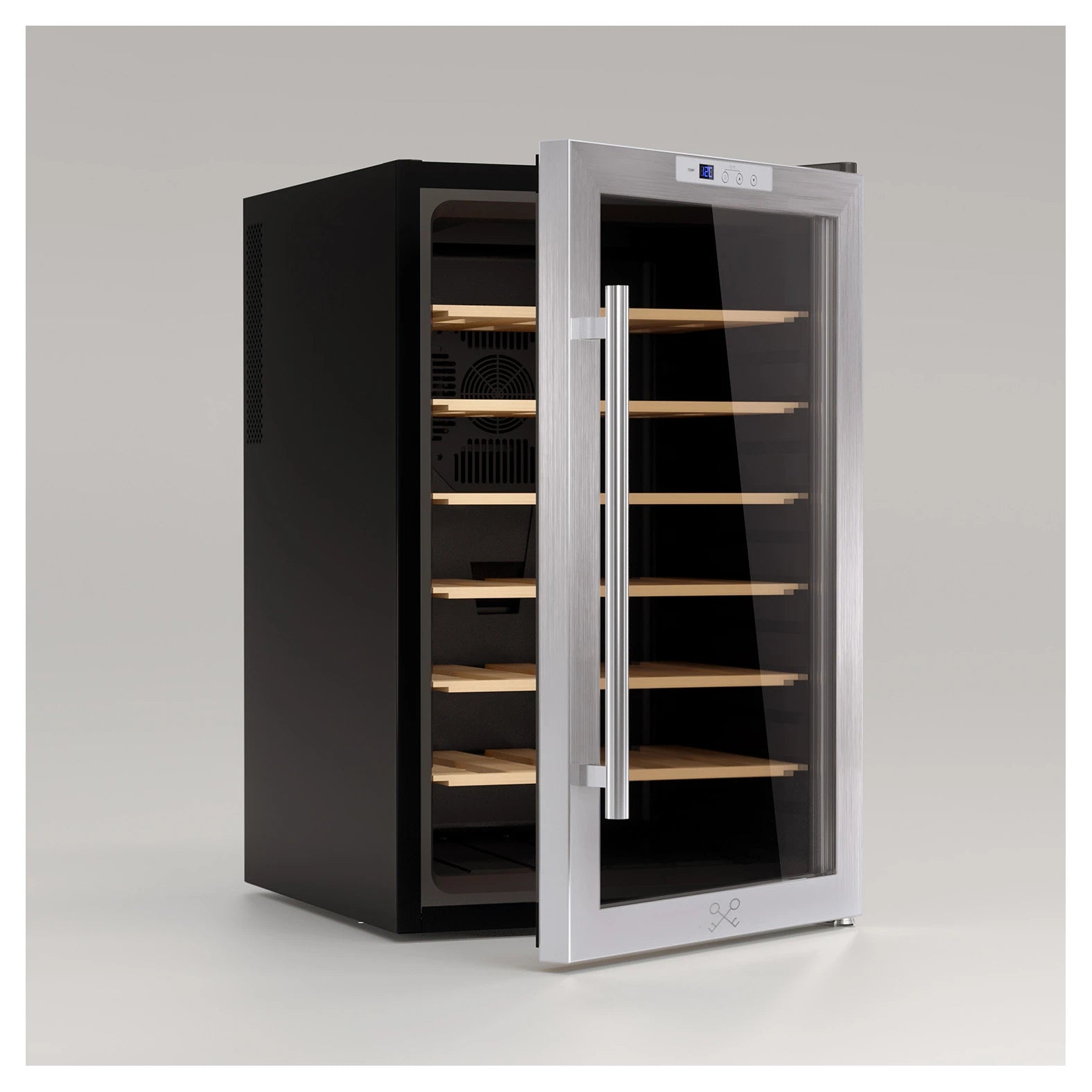 Vinoteca Les Petits Champs CAVC28 abierta con botellas en estantes de madera