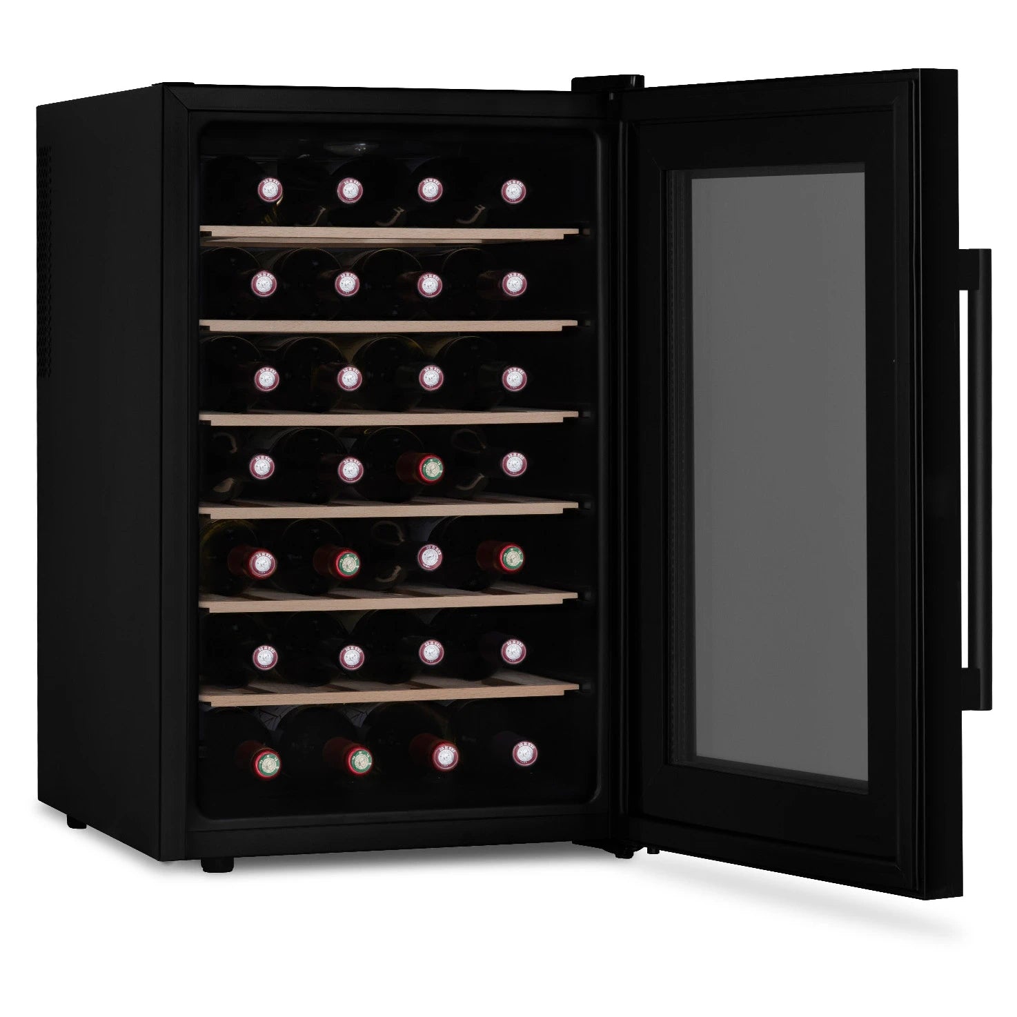 Vinoteca 28 botellas Les Petits Champs CAVCB28 Black vista lateral llena de botellas de vino