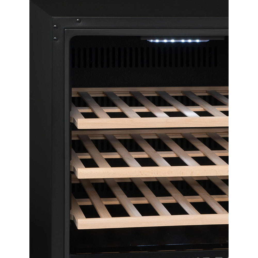 Vista de la Vinoteca 29 botellas La Sommelière ECS31.2Z doble zona completamente abastecida con botellas de vino