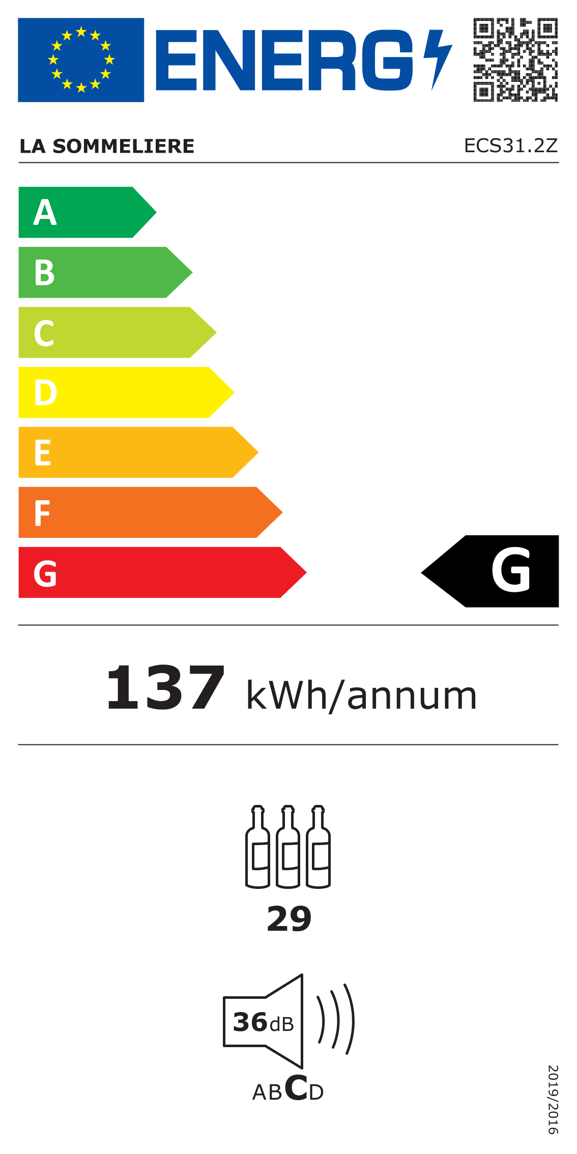 Etiqueta energética de la Vinoteca 29 botellas La Sommelière ECS31.2Z doble zona con detalles de consumo y clasificación.