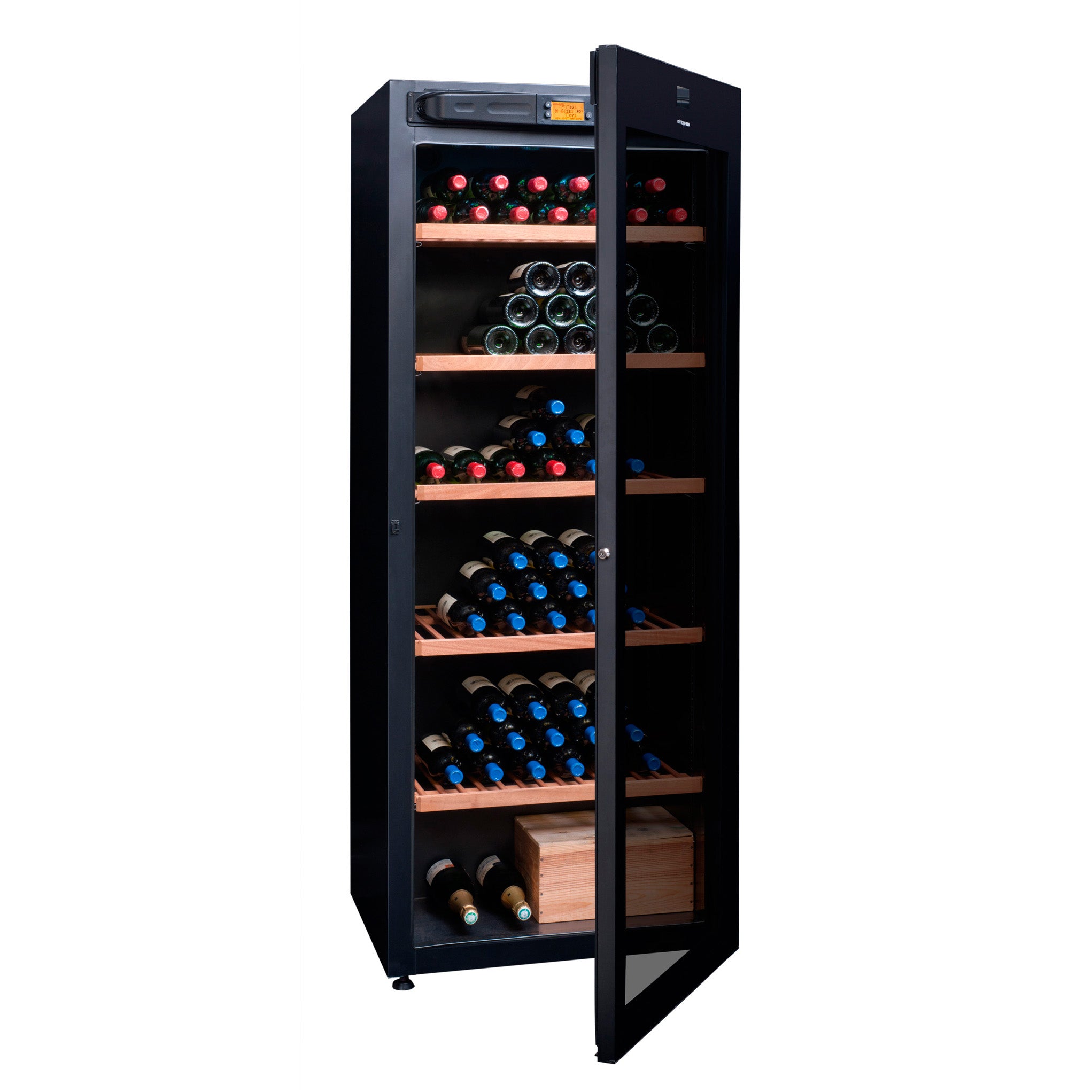 Fotografía de la Vinoteca 294 botellas Avintage DVA305G semiabierta mostrando el interior.