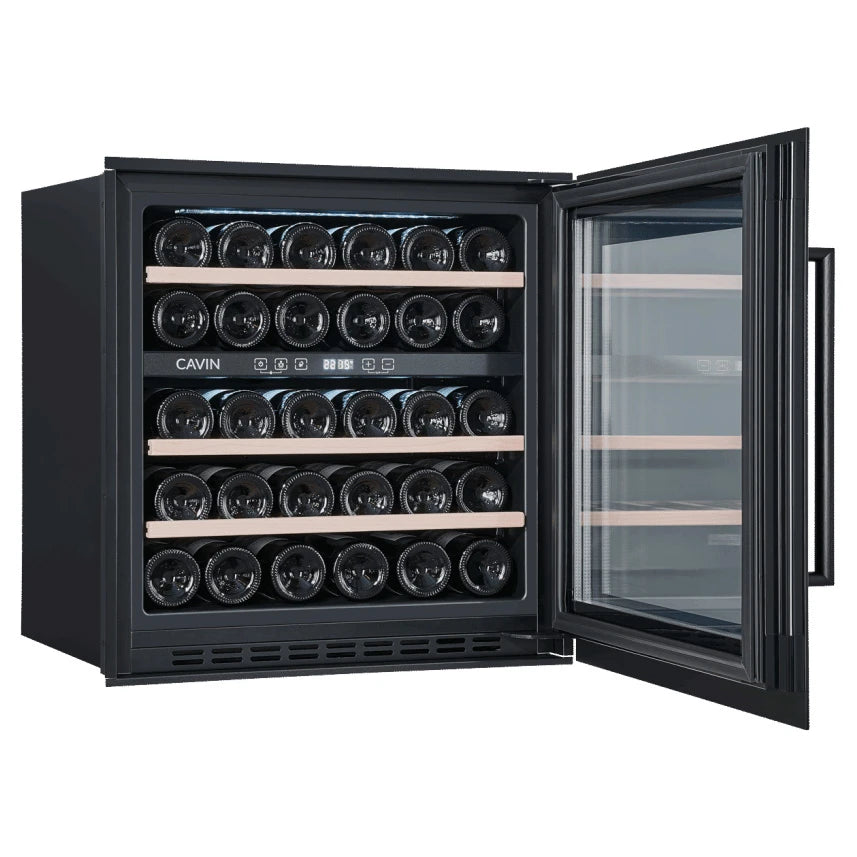 Cavin Scandinavian Collection 60 Fullglass Black, vinoteca doble zona con iluminación LED blanca.