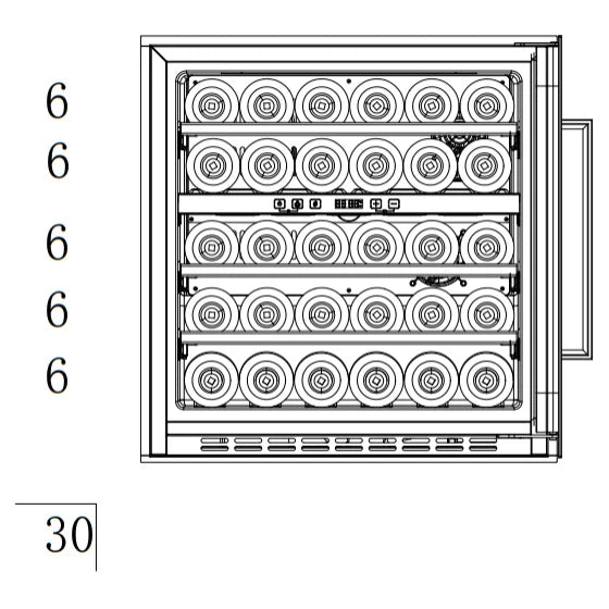 Diagrama de capacidad de la vinoteca Cavin Scandinavian Collection 60 Fullglass Black para 30 botellas.