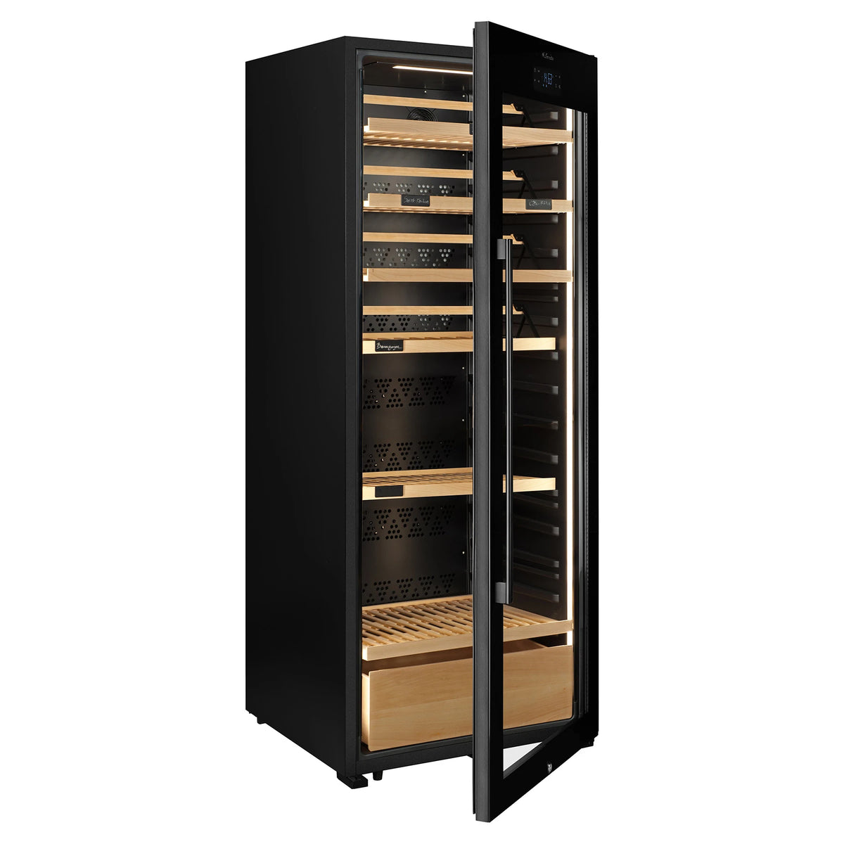 Vinoteca La Sommelière VIP306 EDITION vista tres cuartos con la puerta abierta y estantes de madera vacíos