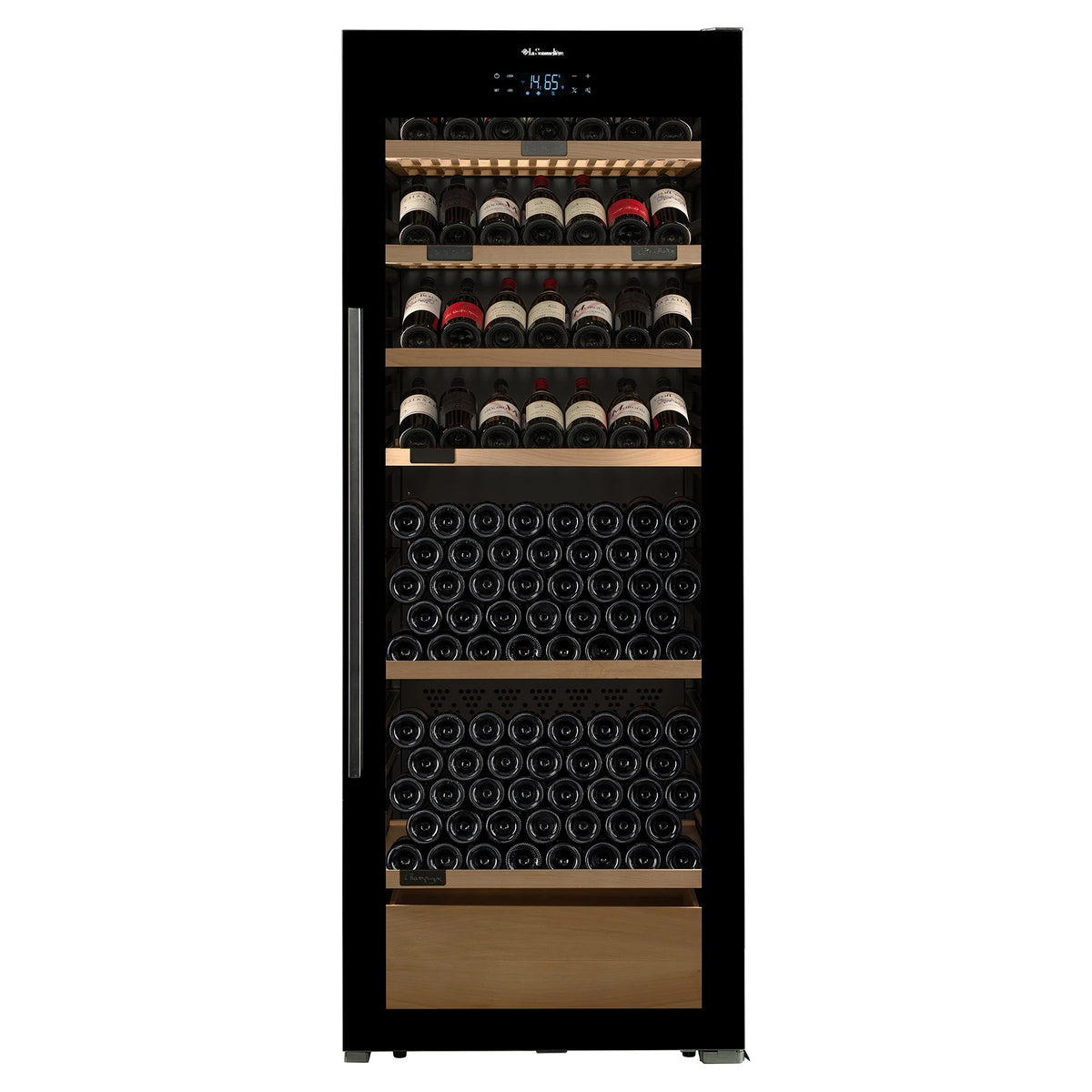 Vinoteca La Sommelière VIP306 EDITION de libre instalación, vista frontal con la puerta cerrada y llena de botellas