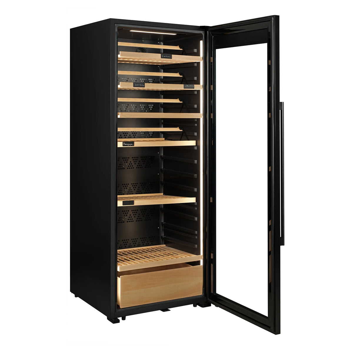 Vinoteca La Sommelière VIP306 EDITION vista en ángulo con la puerta abierta y estantes de madera vacíos