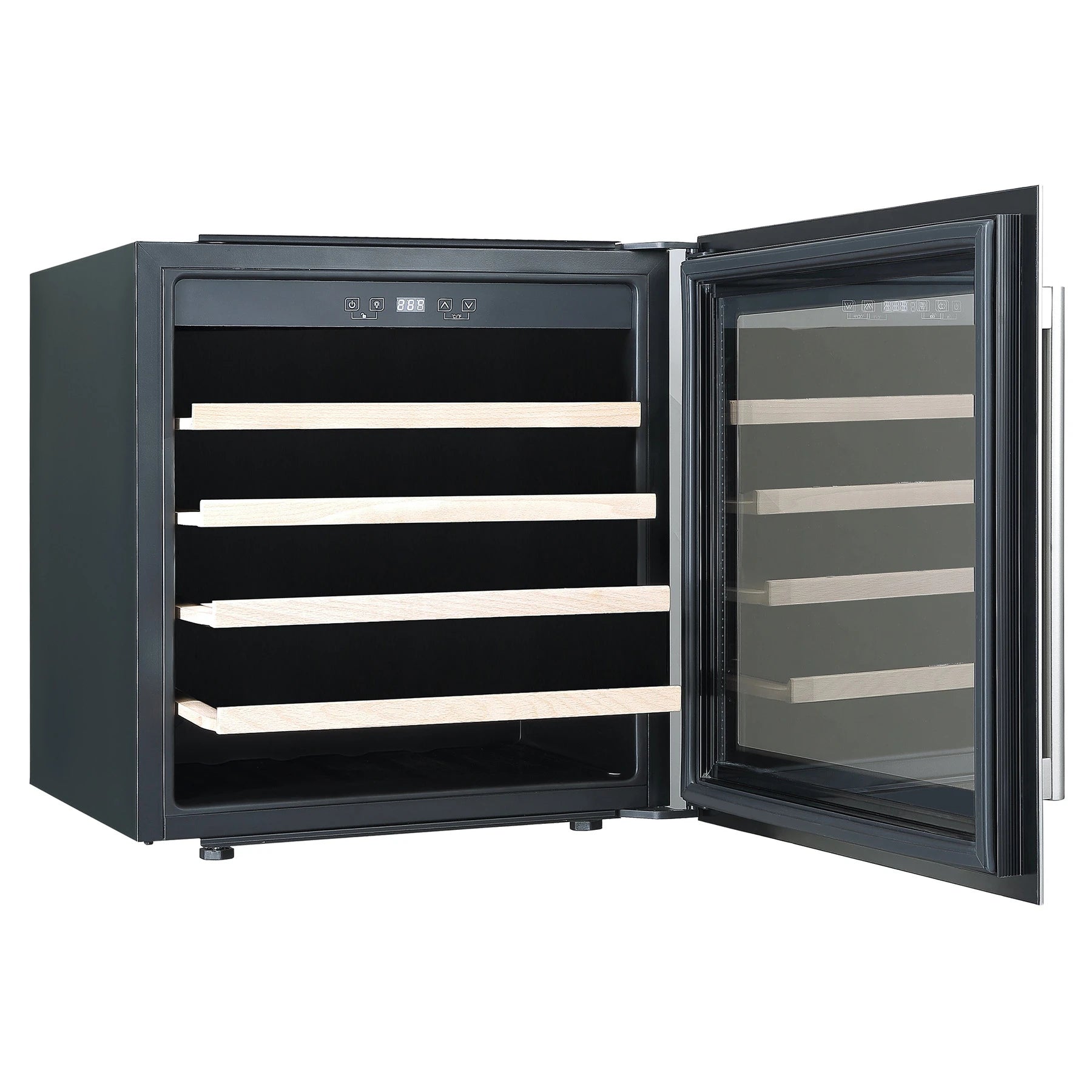 Vinoteca encastrable Caviss SLEN132TBE4 con puerta de vidrio abierta, interior vacío con cuatro estantes de madera y panel de control digital en la parte superior.