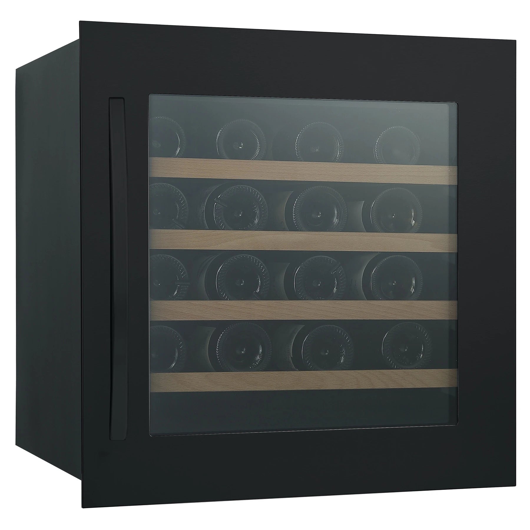 Vinoteca encastrable Caviss SLEN132TBE4 para 32 botellas, con puerta de vidrio y estantes de madera visibles en el interior.