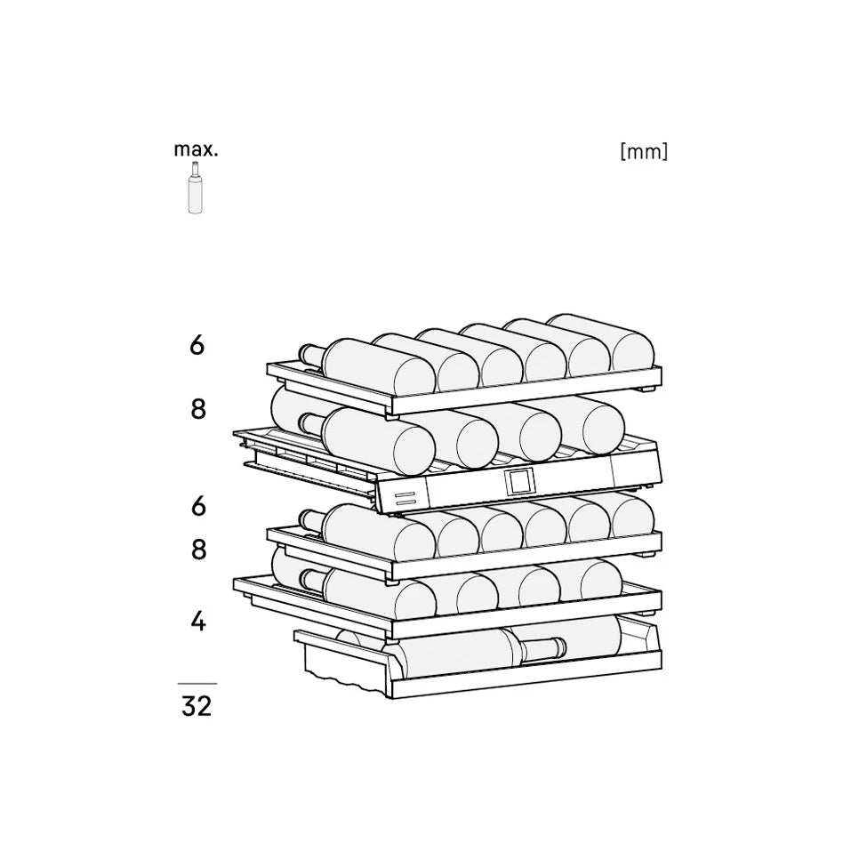 Diagrama técnico de la vinoteca Liebherr UWpri 3662 mostrando la distribución de 32 botellas en cinco estantes con capacidades individuales indicadas: 6, 8, 6, 8 y 4 botellas.
