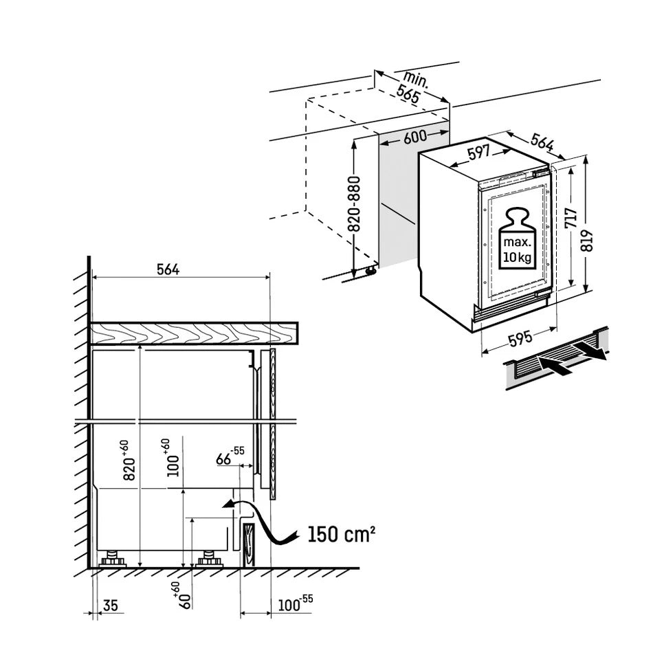 Diagrama técnico de instalación para la vinoteca Liebherr UWpri 3662, indicando dimensiones de empotre, ventilación mínima requerida y peso máximo en la puerta.