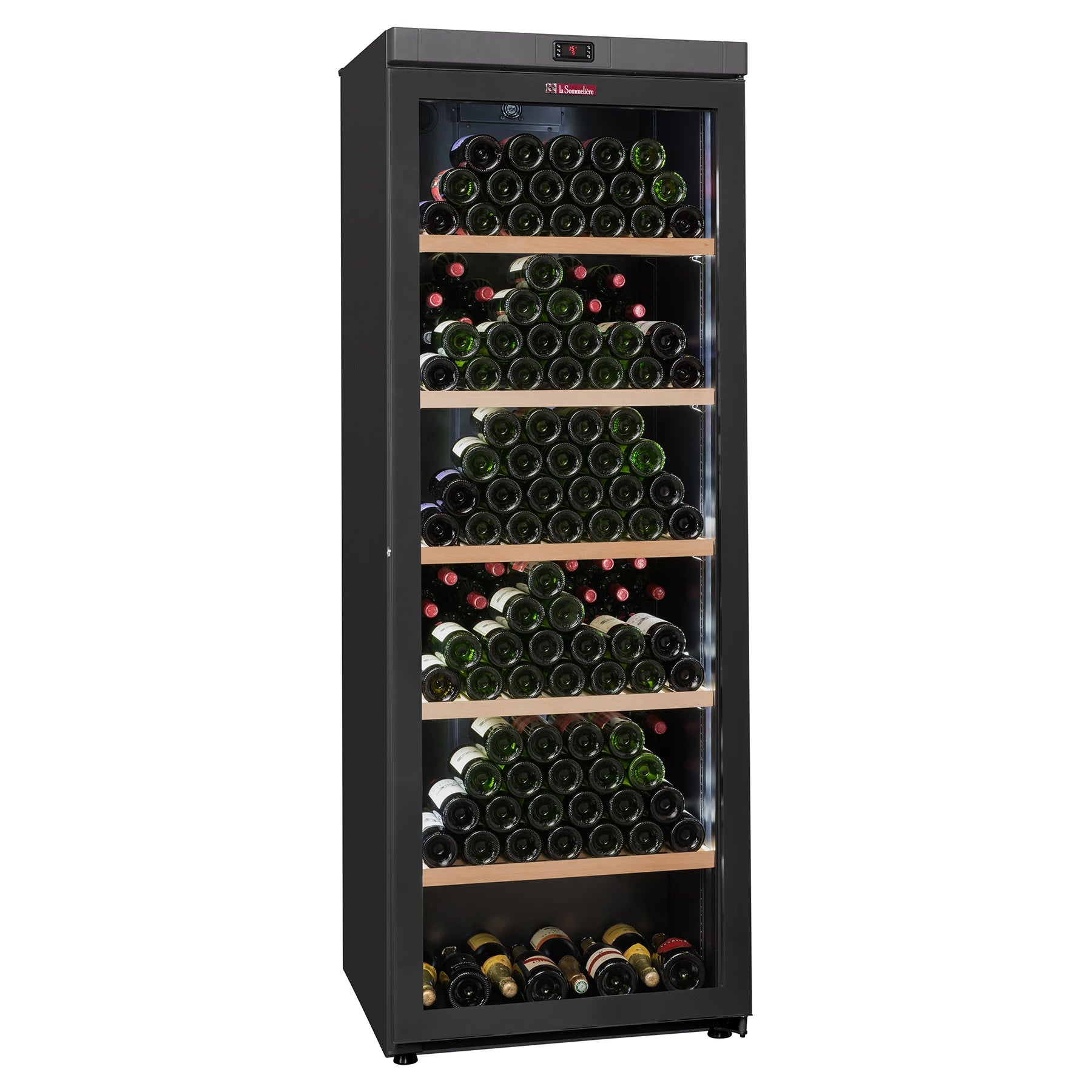 Vinoteca La Sommelière VIP330V de 329 botellas negra con puerta de cristal y múltiples estantes de madera cargados