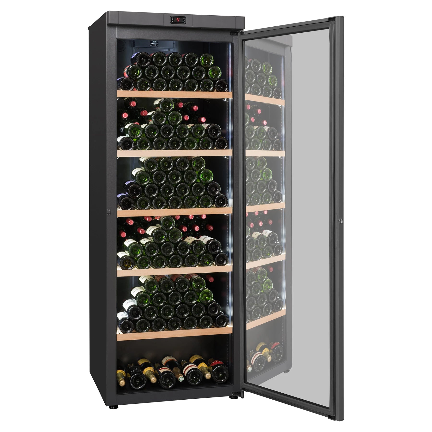 Interior de la vinoteca La Sommelière VIP330V con puerta abierta y estantes de madera cargados con 329 botellas de vino