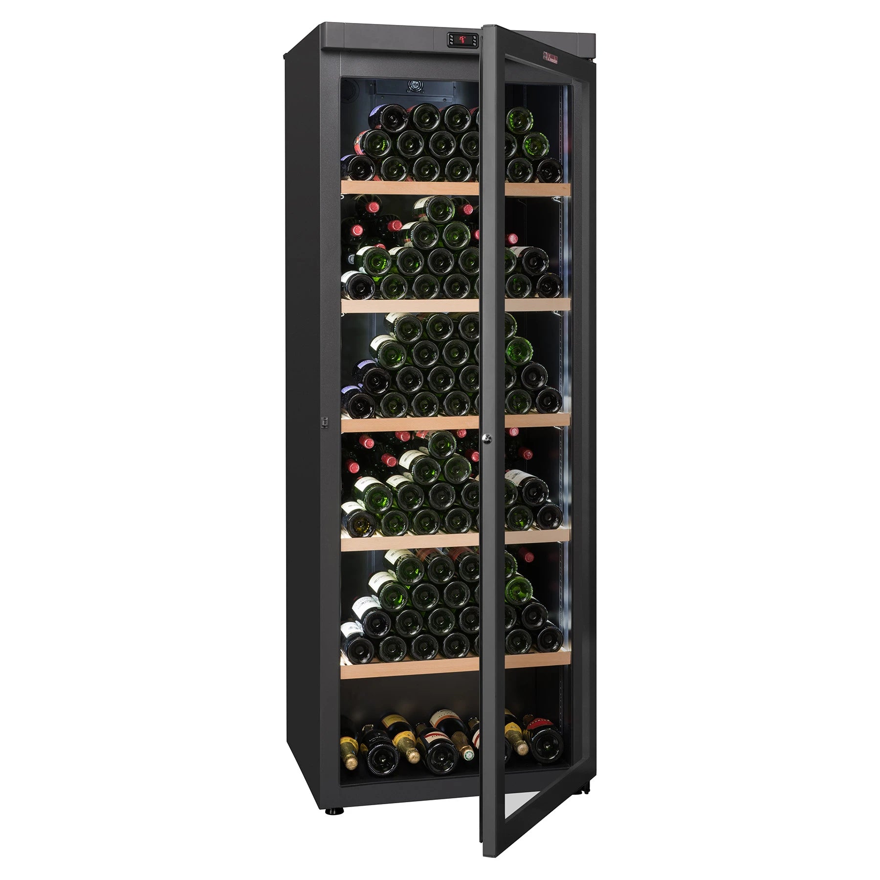 Vinoteca La Sommelière VIP330V de 329 botellas gris antracita con puerta abierta y estantes de madera cargados de vino