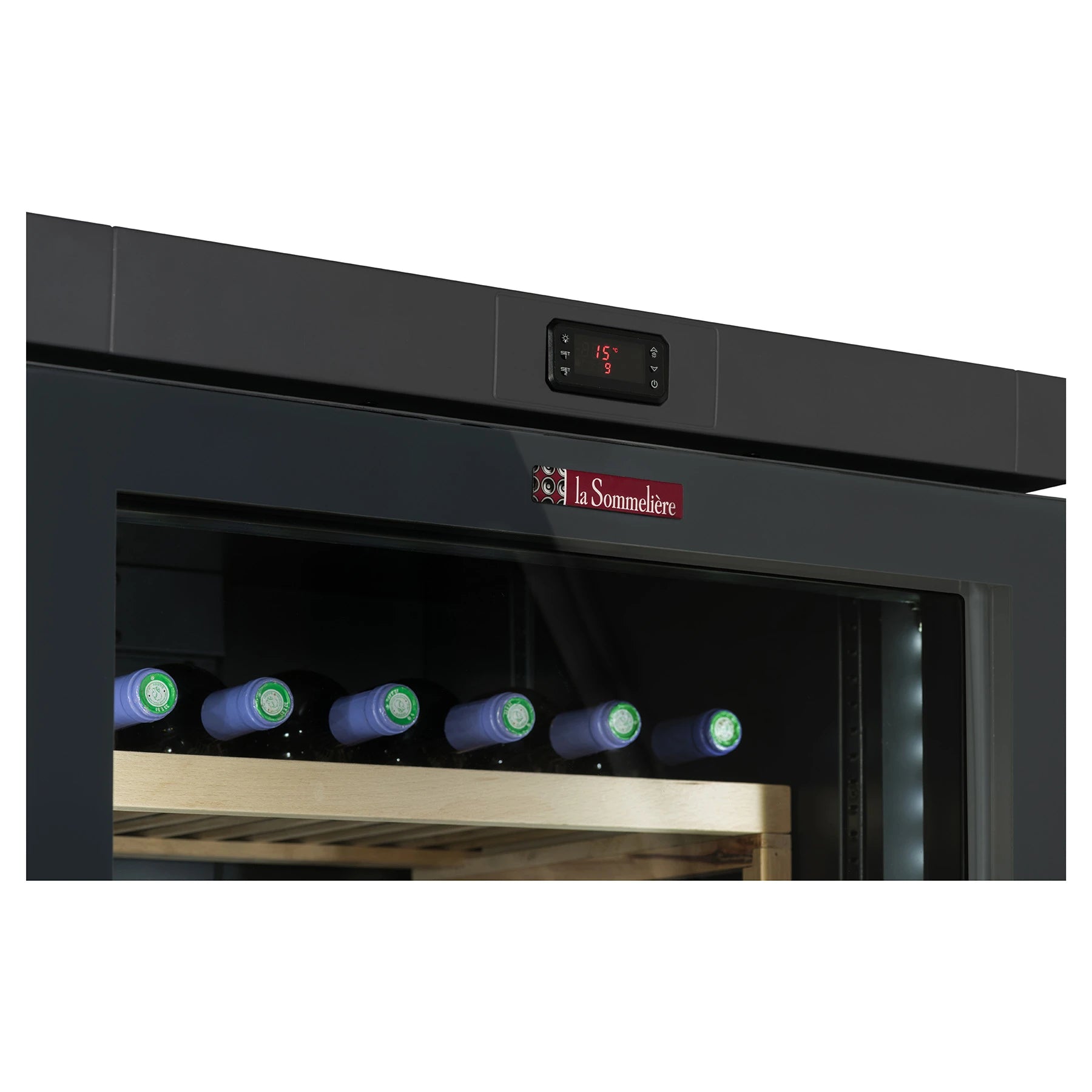 Panel de control digital de la vinoteca La Sommelière VIP330V con temperatura visible y logo de marca en primer plano