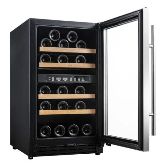 Interior de la vinoteca Vinobox V40 GC 2T Inox con cuatro bandejas de madera y doble zona de temperatura.