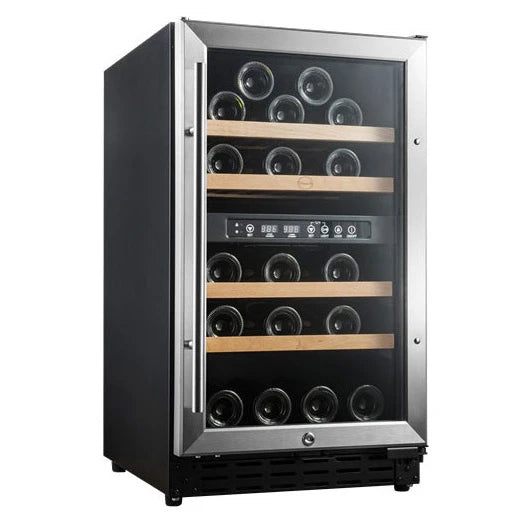 Vinoteca Vinobox V40 GC 2T Inox con puerta abierta y bandejas de madera para botellas.