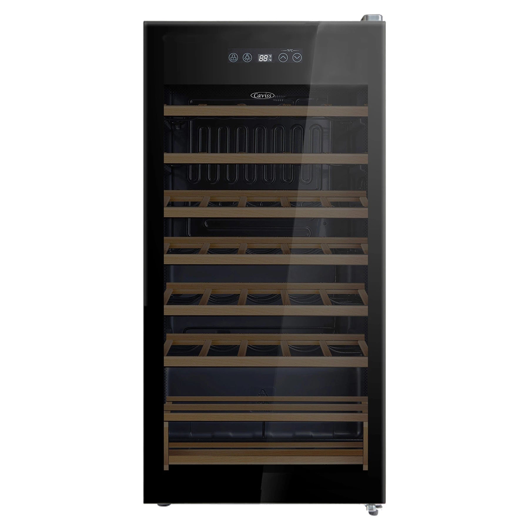 Vinoteca Caviss S134MBE4 de 34 botellas, libre instalación, vista frontal del modelo negro.