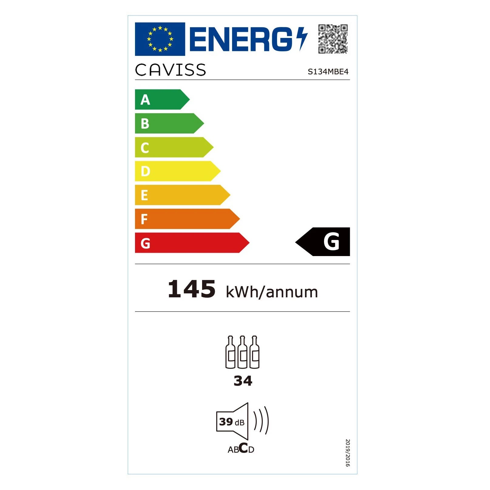 Etiqueta energética de la vinoteca Caviss S134MBE4 de 34 botellas, clase G y consumo anual de 138 kWh.