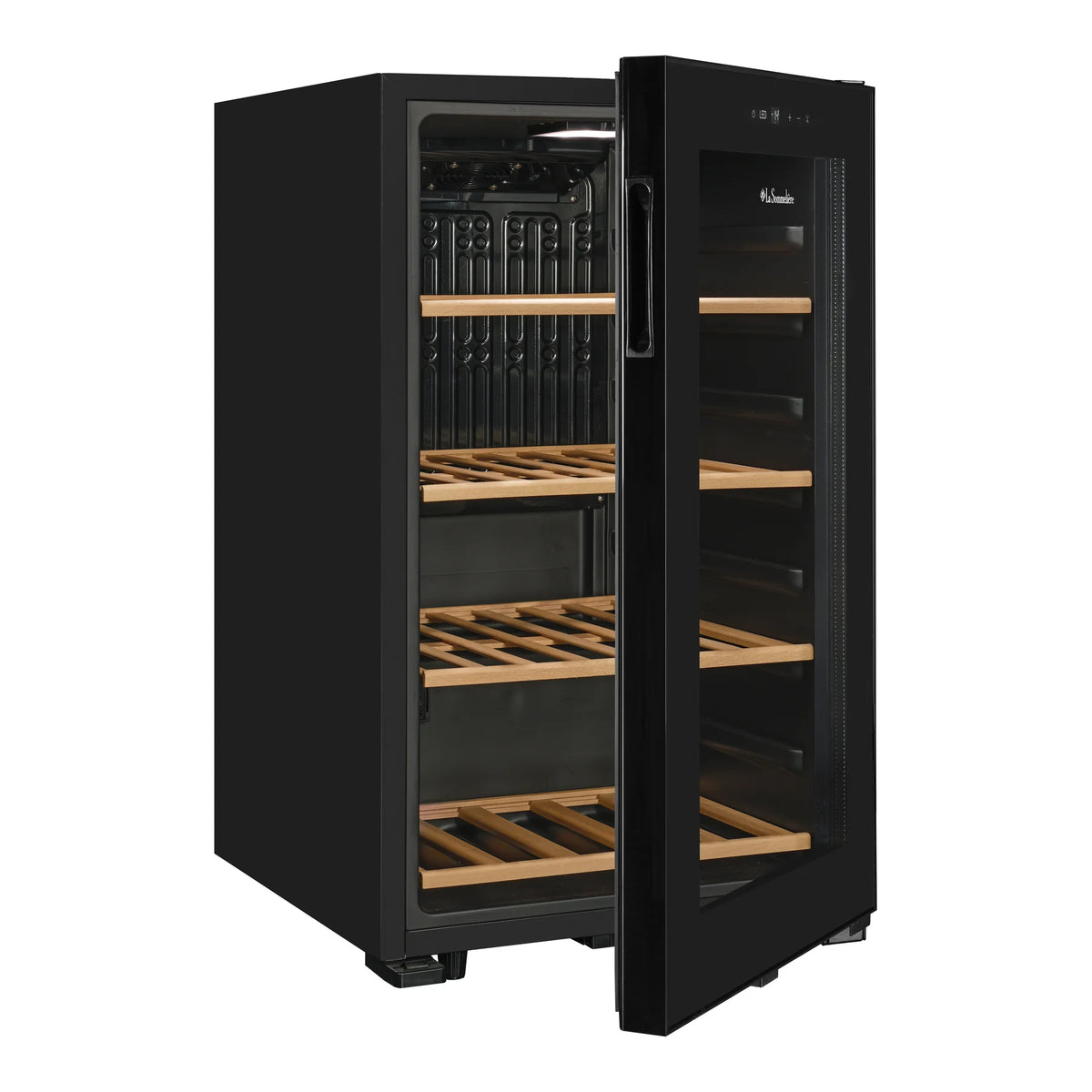 La Sommelière SMART36 34-bottle wine cooler empty three-quarter view with door ajar