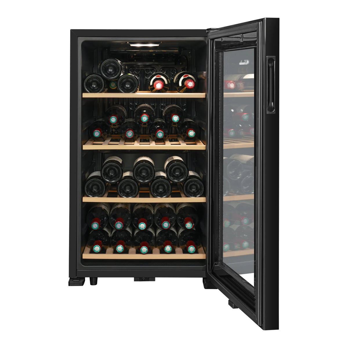 La Sommelière SMART36 34-bottle wine cooler front view with bottles and open door