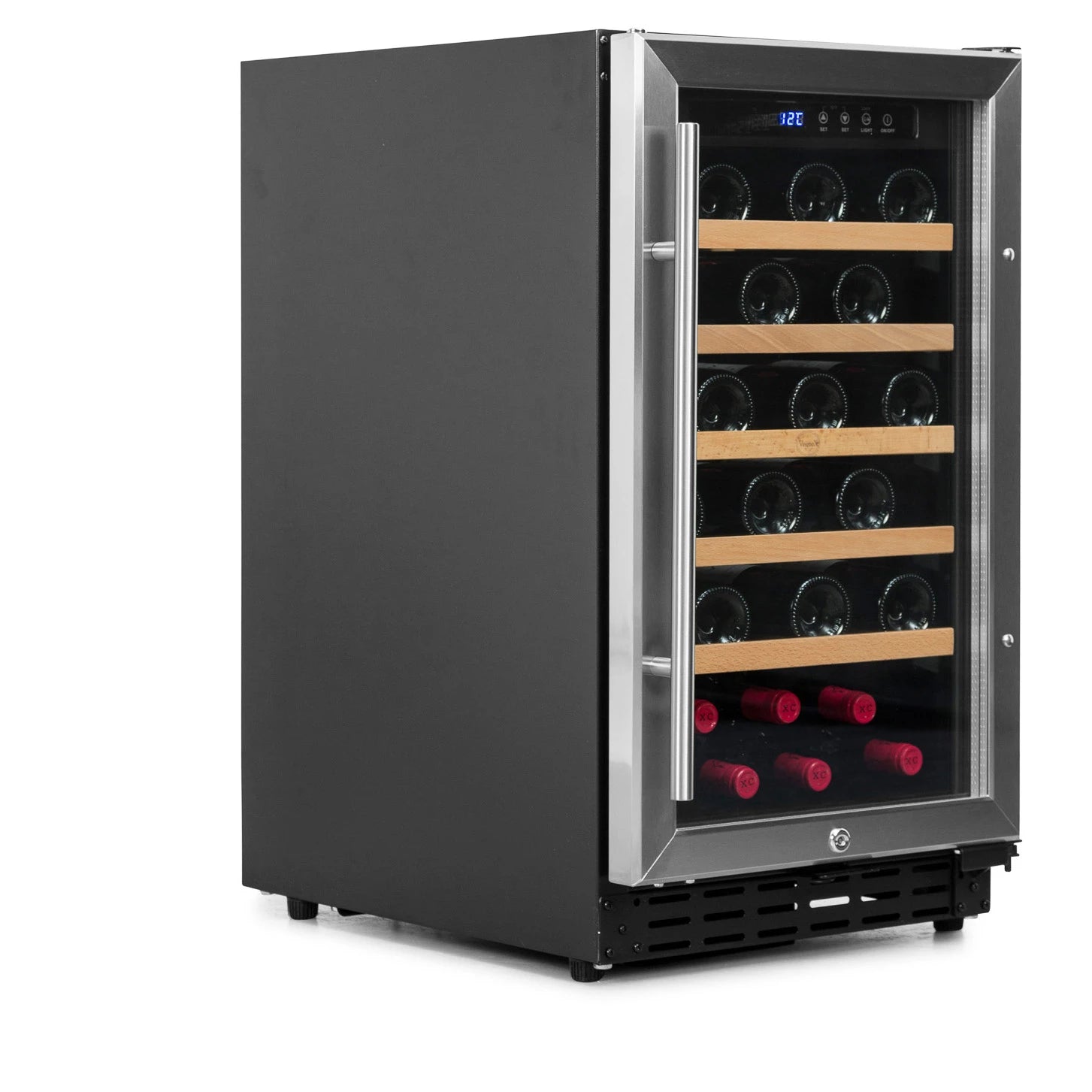 Vinoteca Vinobox V40 GC 1T Encastrable Inox con puerta abierta y bandejas de madera para botellas.