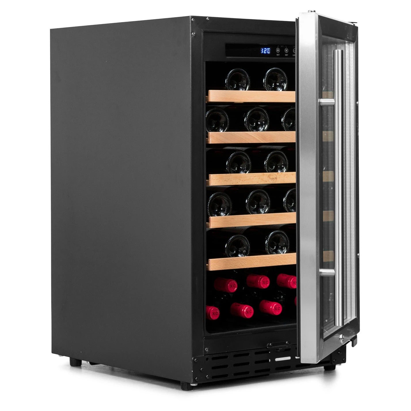 Interior de la vinoteca Vinobox V40 GC 1T Encastrable Inox con cinco bandejas de madera.