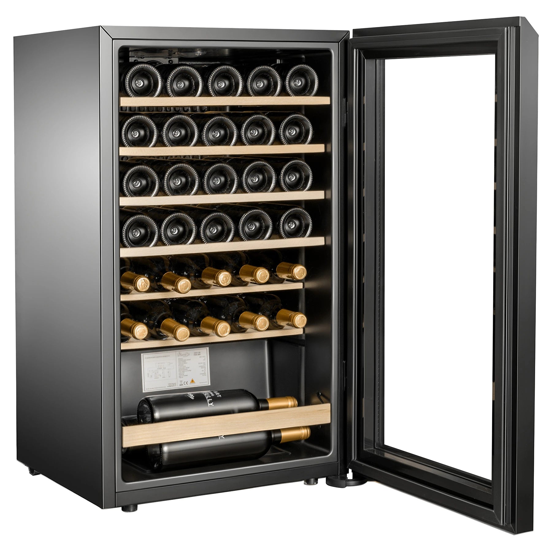 Vinoteca La Réserve RCW133FN1 con acabado negro y puerta reversible de cristal
