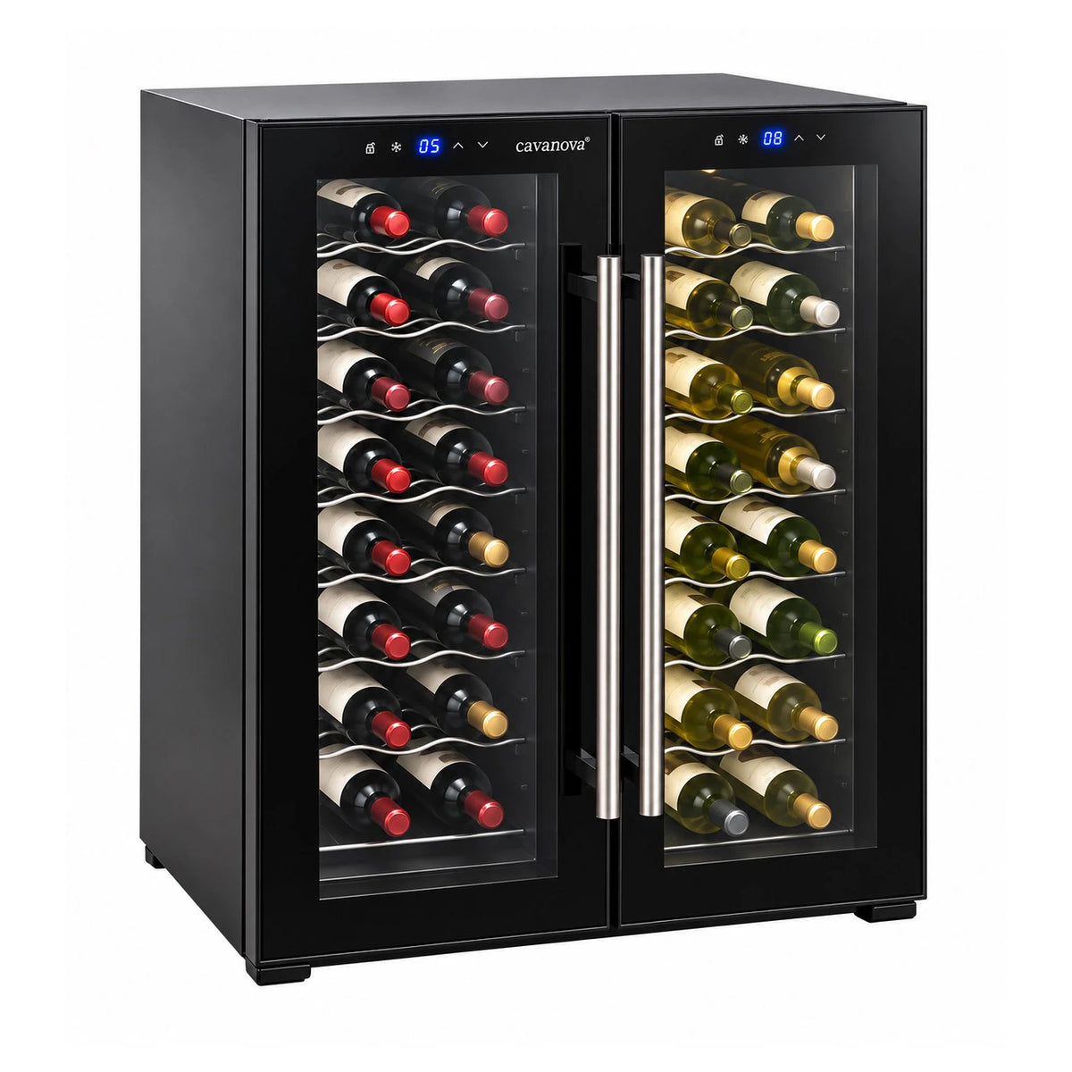 Cavanova CV036-2T 36-bottle dual zone wine cooler with glass doors closed, three-quarter view with red and white wines.
