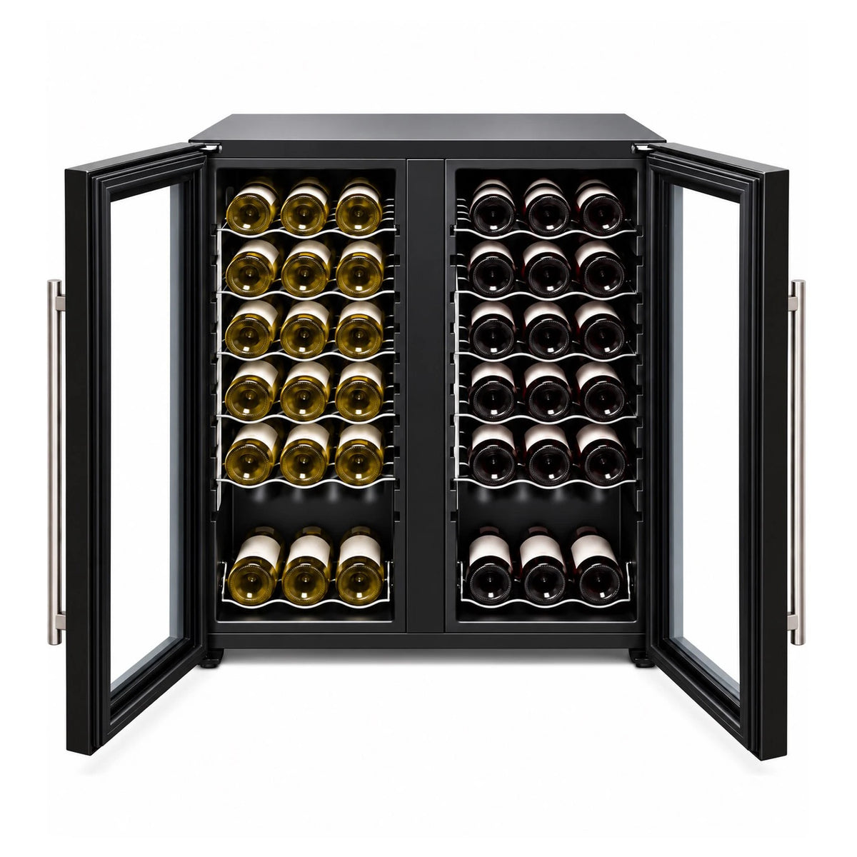 Cavanova CV036-2T wine cooler with both doors open and 36 bottles stored in its two compartments, front view.