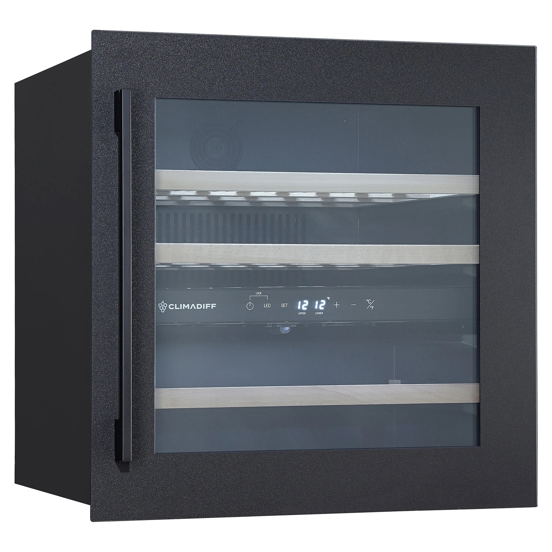 Vinoteca Climadiff CBI36DBM de 36 botellas y doble zona, vista en perspectiva del interior vacío con bandejas de madera
