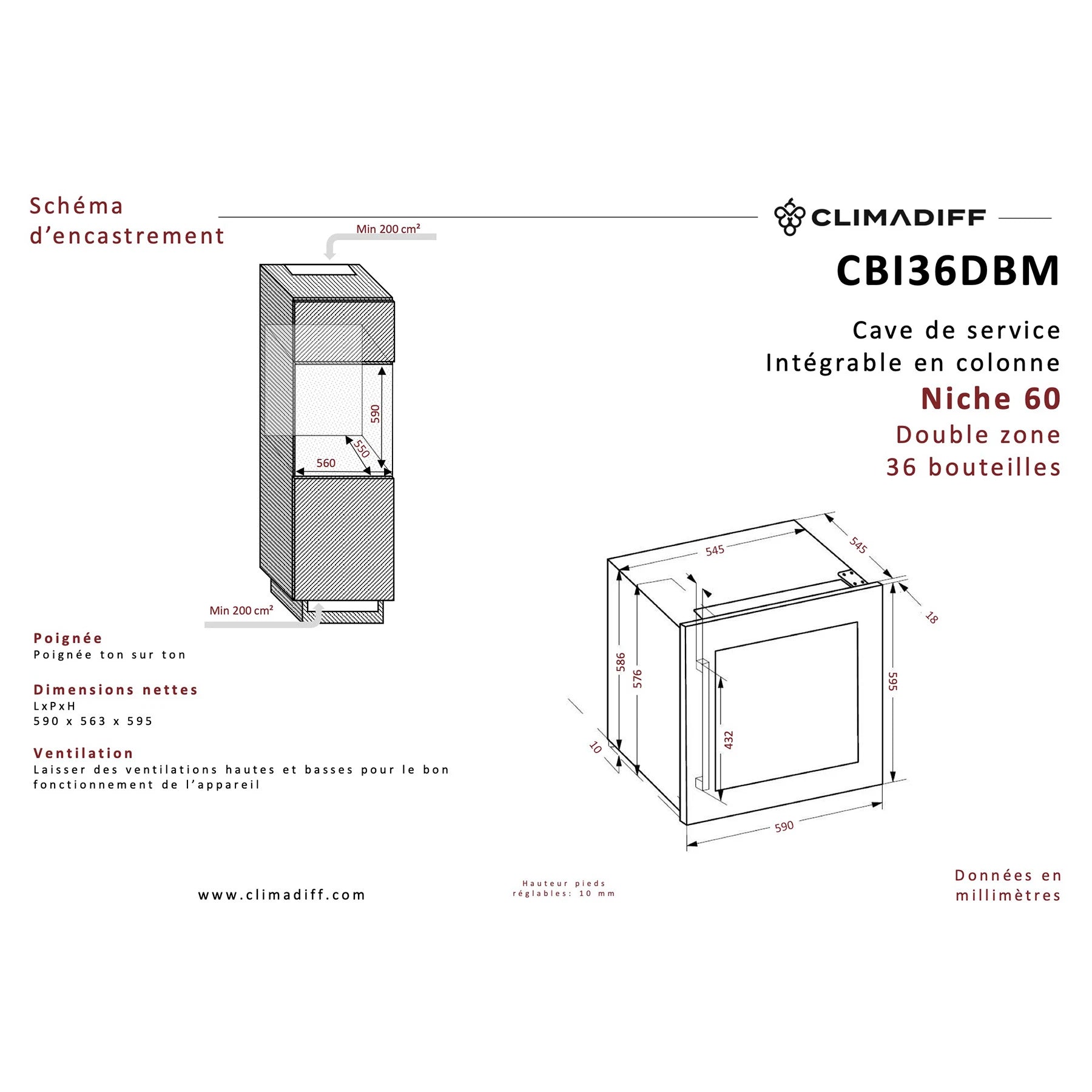 Diagrama de instalación de la vinoteca integrable Climadiff CBI36DBM con medidas del aparato y del hueco de encastre en columna