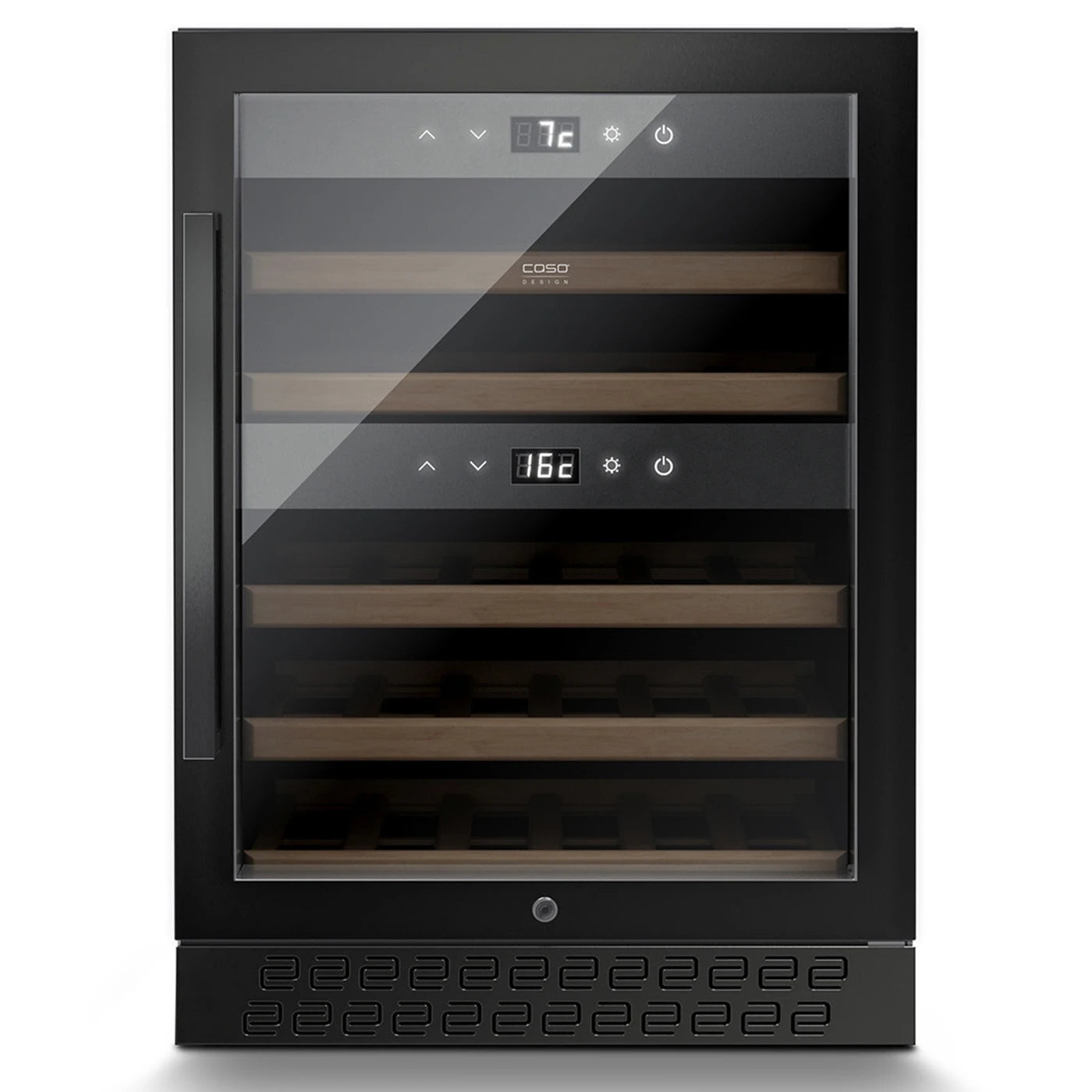 Vinoteca negra integrable bajo encimera con puerta de vidrio, modelo Caso WineChef Pro 40 Black, con capacidad para 40 botellas y dos zonas de temperatura independientes con controles digitales.