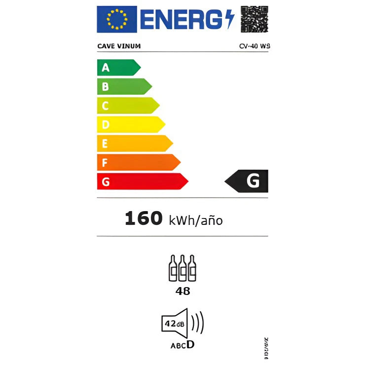 Etiqueta energética de la vinoteca Cave Vinum CV-40C con clasificación G, consumo de 160 kWh por año, capacidad para 48 botellas y nivel de ruido de 42 decibelios, clase D.