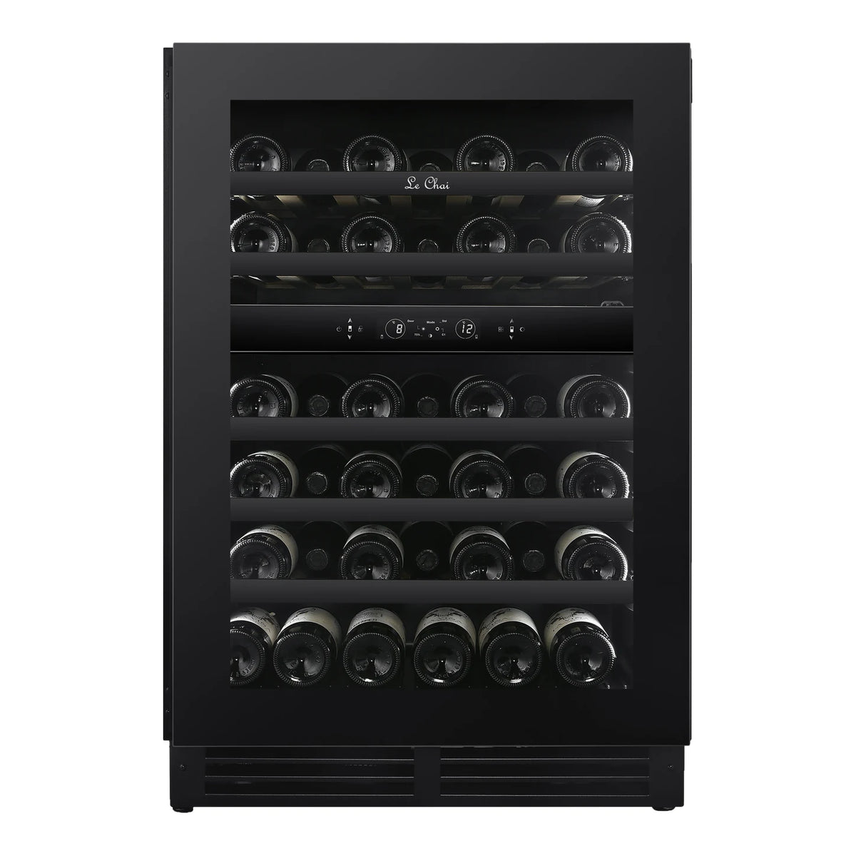 Le Chai LT2BU41H88N60 41-bottle wine cooler, front view with the door closed, full of bottles, with the Black Inox shelf fronts.