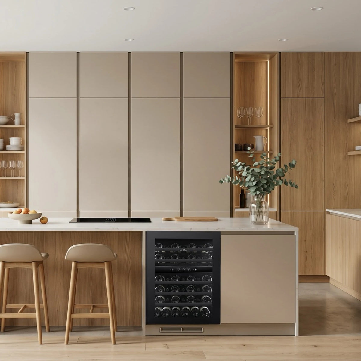 Le Chai LT2BU41H88N60 41-bottle wine cooler, built in under the worktop of a kitchen island.