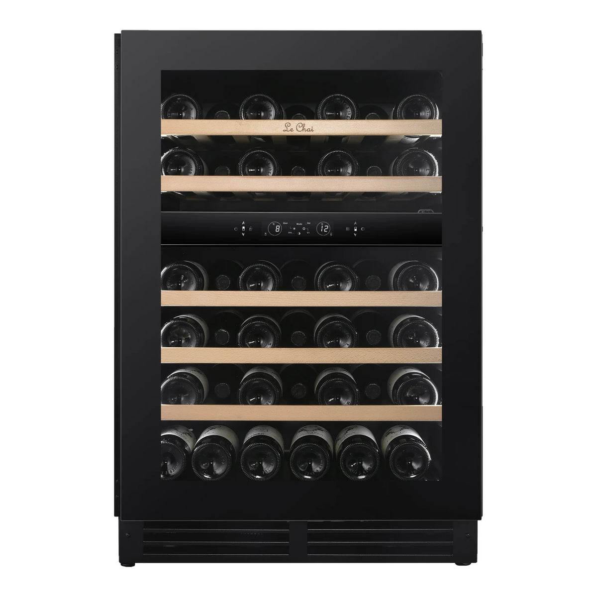 Le Chai LT2BU41H88N60 41-bottle wine cooler, front view with the door closed, full of bottles, with the wooden shelves without the Black Inox front.