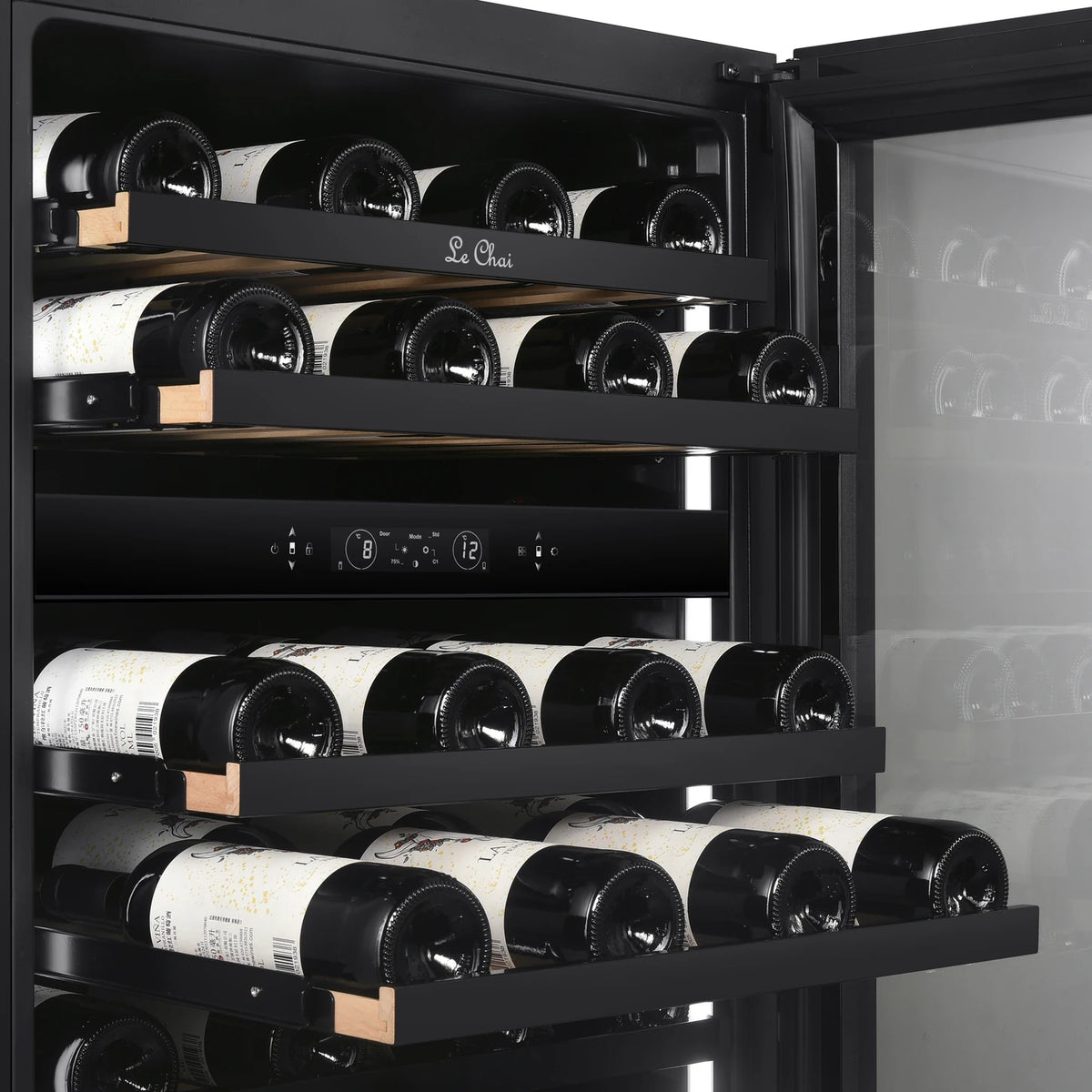 Le Chai LT2BU41H88N60 41-bottle wine cooler, close-up of the pulled-out wooden shelves with Black Inox front and bottles.