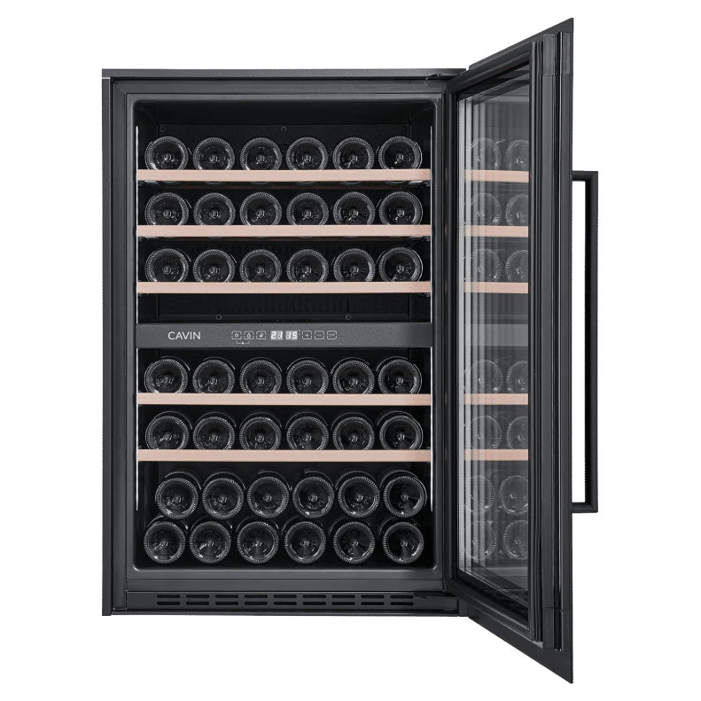 Cavin Scandinavian Collection 90 Fullglass Black, vinoteca doble zona con iluminación LED blanca.