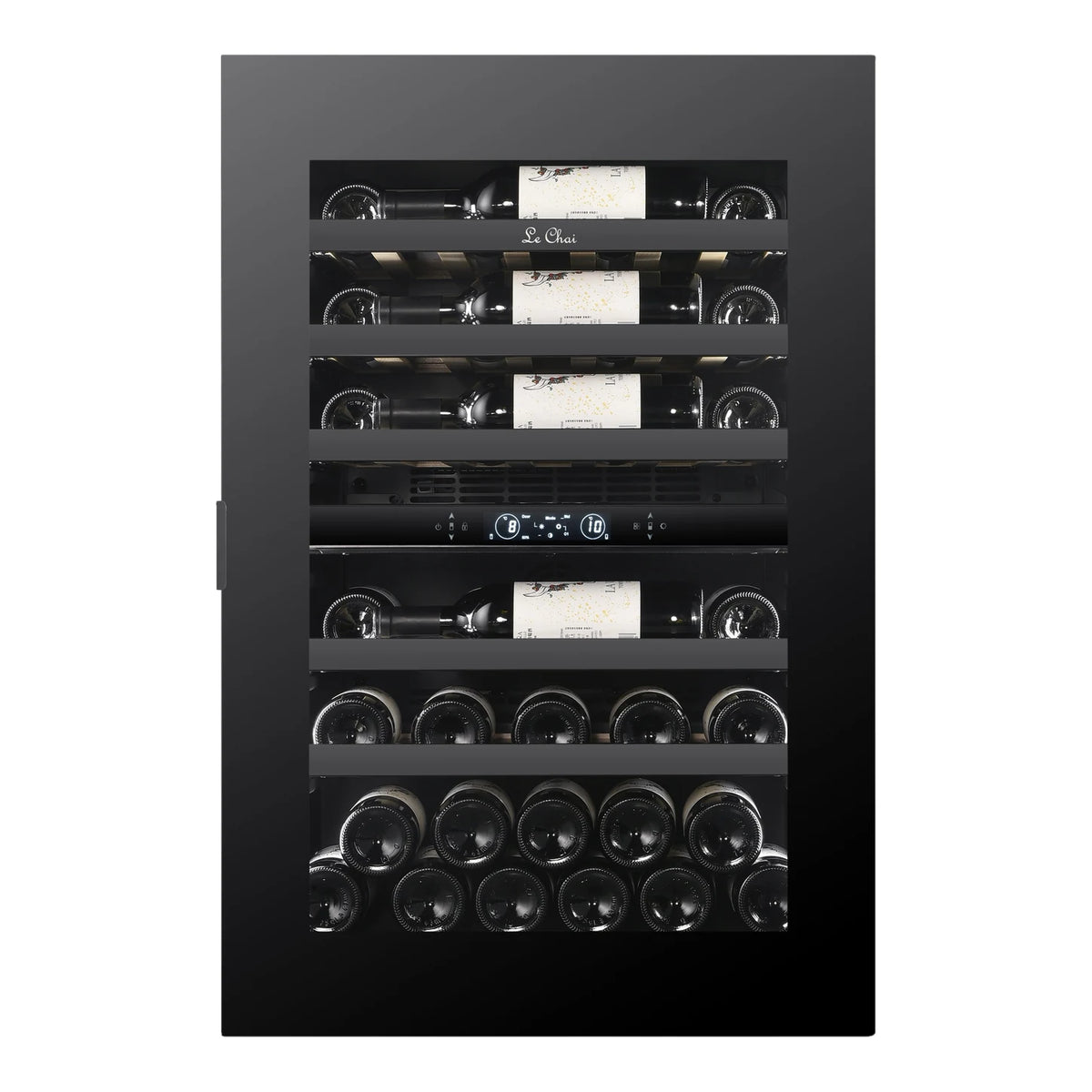 Le Chai LT2BI44H88A 44-bottle wine cooler, front view with the door closed, full of bottles, with the Black Inox shelf fronts.