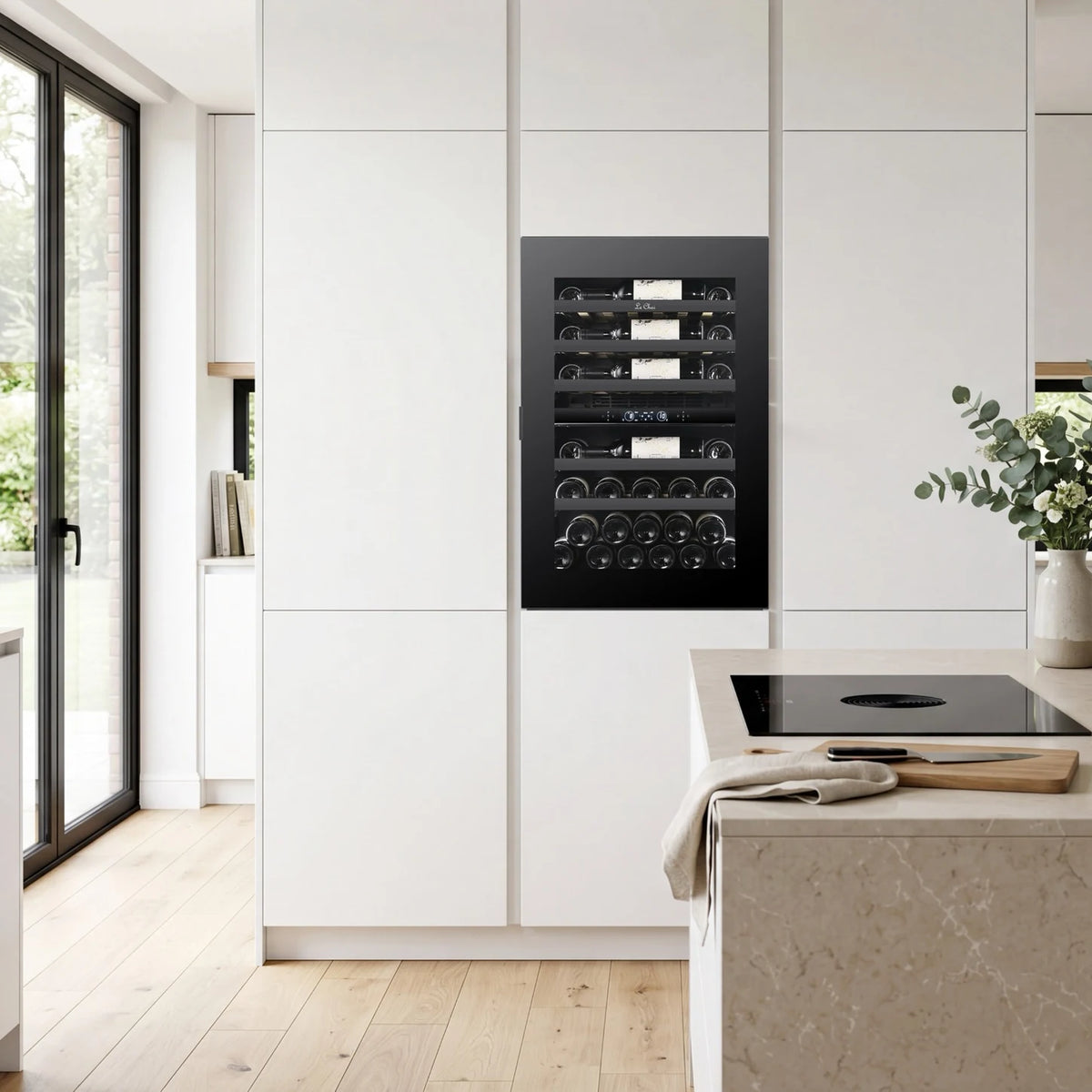 Le Chai LT2BI44H88A 44-bottle wine cooler, built into a column in a kitchen.