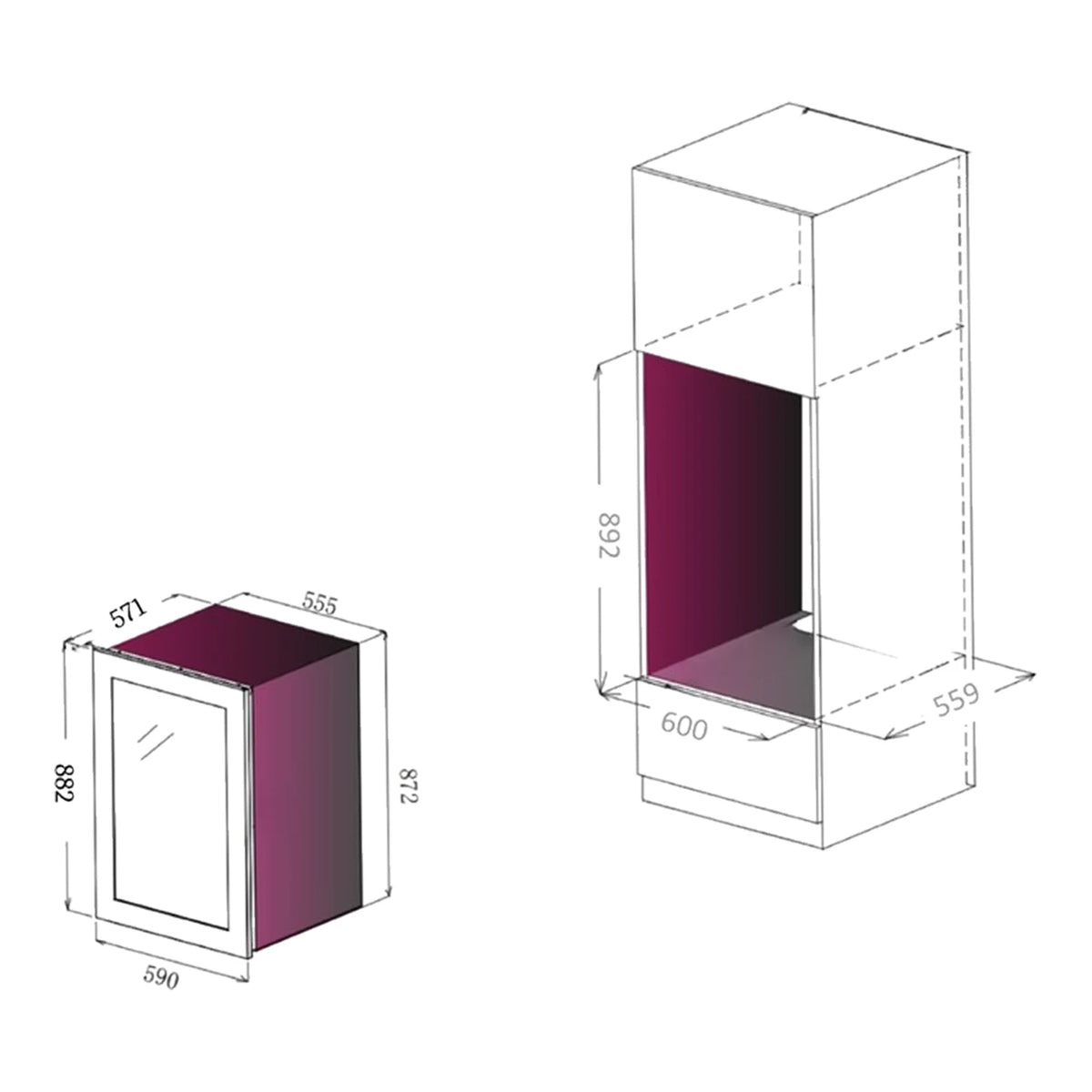 Built-in diagram with dimensions of the Le Chai LT2BI44H88A wine cooler.