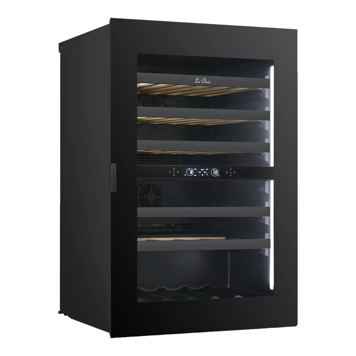 Le Chai LT2BI44H88A 44-bottle wine cooler, empty, three-quarter view with the door closed.