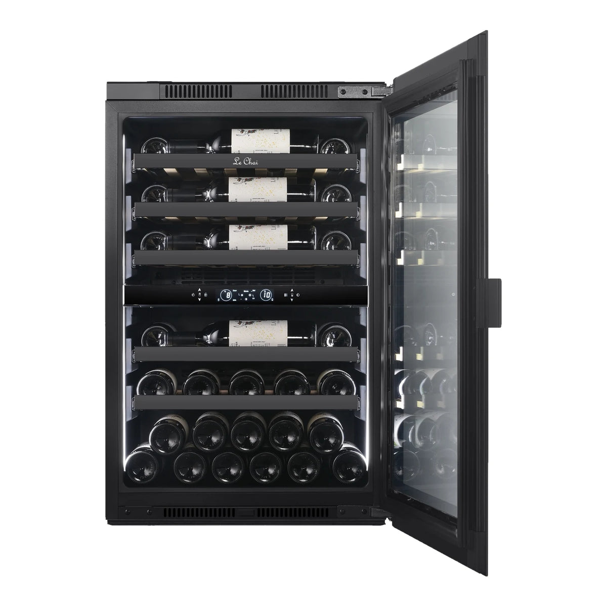 Le Chai LT2BI44H88A 44-bottle wine cooler, front view with the door open and the bottles on the shelves.