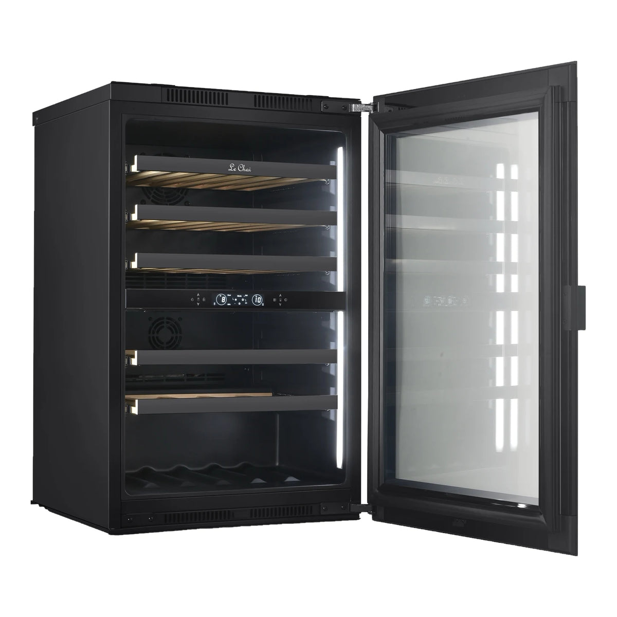 Le Chai LT2BI44H88A 44-bottle wine cooler, empty, three-quarter view with the door open and the shelves in view.