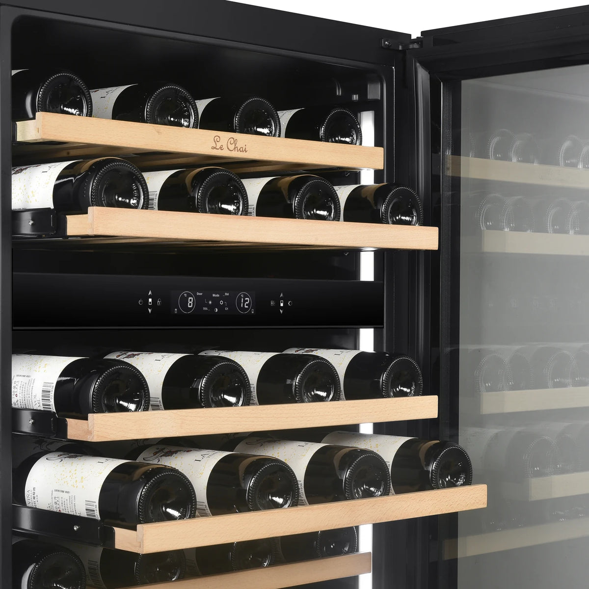 Le Chai LT2BI44H88A 44-bottle wine cooler, close-up of the pulled-out wooden shelves without the Black Inox front, with bottles.