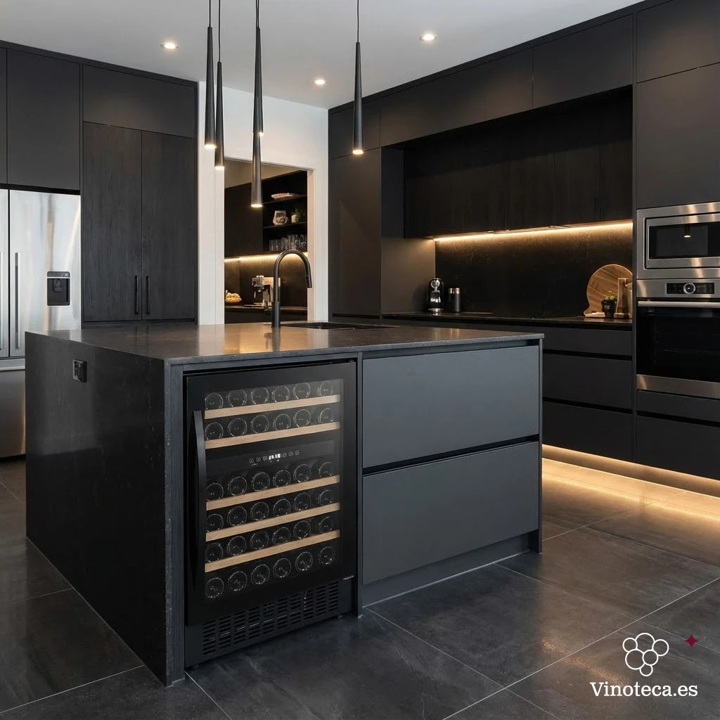 Vinoteca negra encastrable en isla de cocina moderna gris oscura, con puerta de vidrio, estantes de madera y botellas de vino horizontales. Caviss CLEN246TBE4.