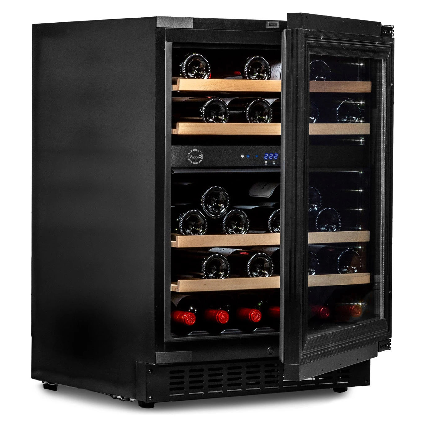 Vista frontal de la vinoteca Vinobox V45 Deco panelable de 45 botellas con puerta de cristal y estantes de madera.