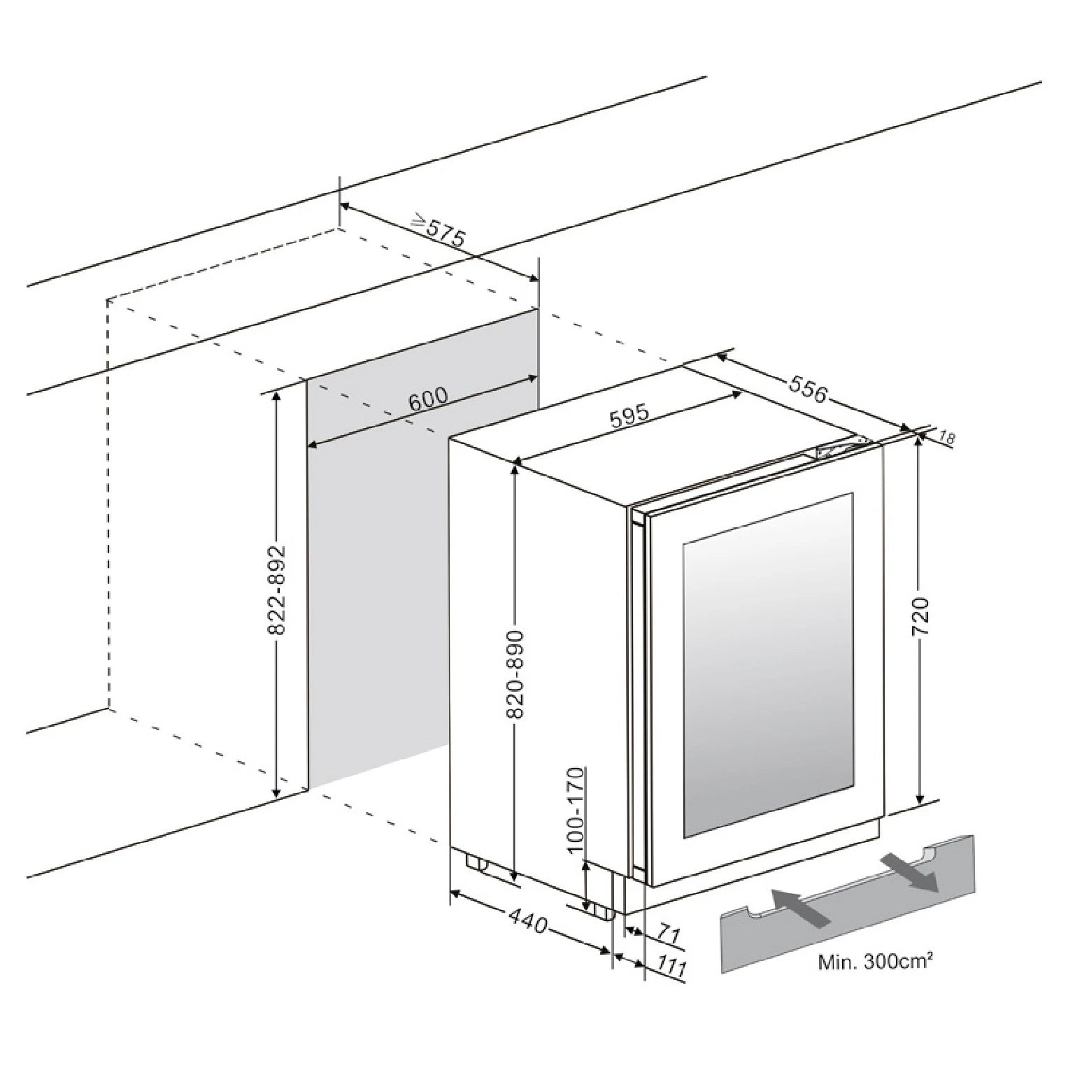 Diagrama de medidas de la vinoteca Vinobox V45 Deco, con dimensiones de alto, ancho y profundidad, y especificación de espacio mínimo para ventilación.